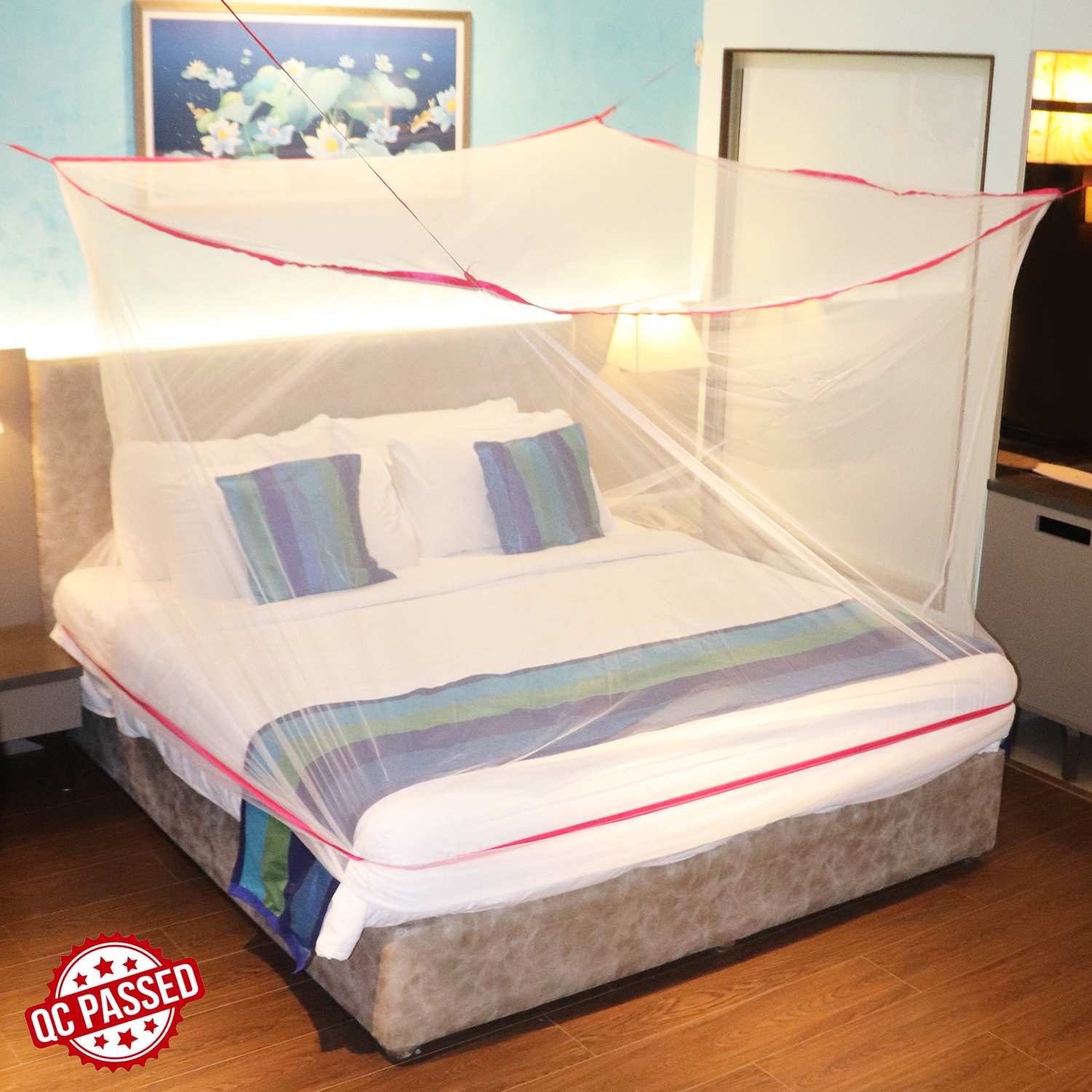 SILVER SHINE | Mosquito Net for Double Bed, King-Size, Square Hanging Foldable Polyester Net White And Pink