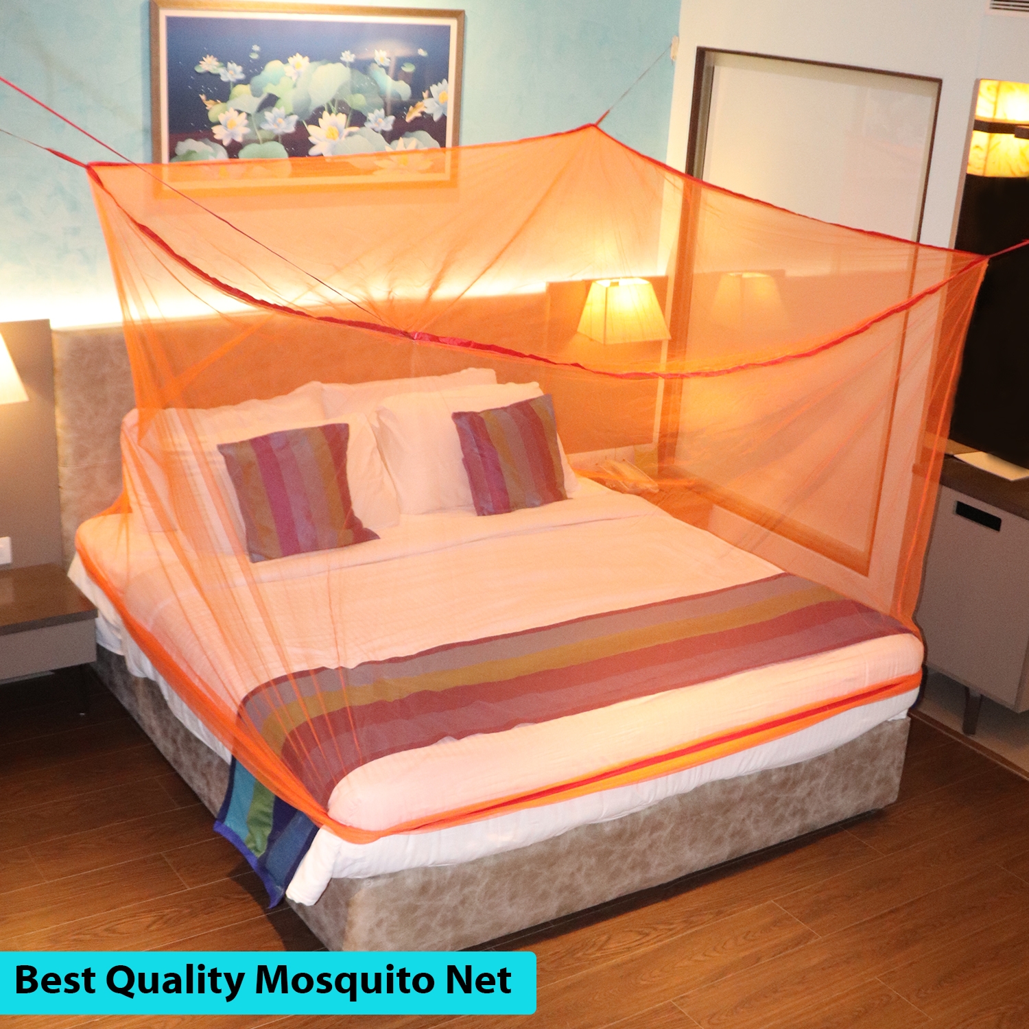 Mosquito Net for Double Bed, King-Size, Square Hanging Foldable Polyester Net Orange