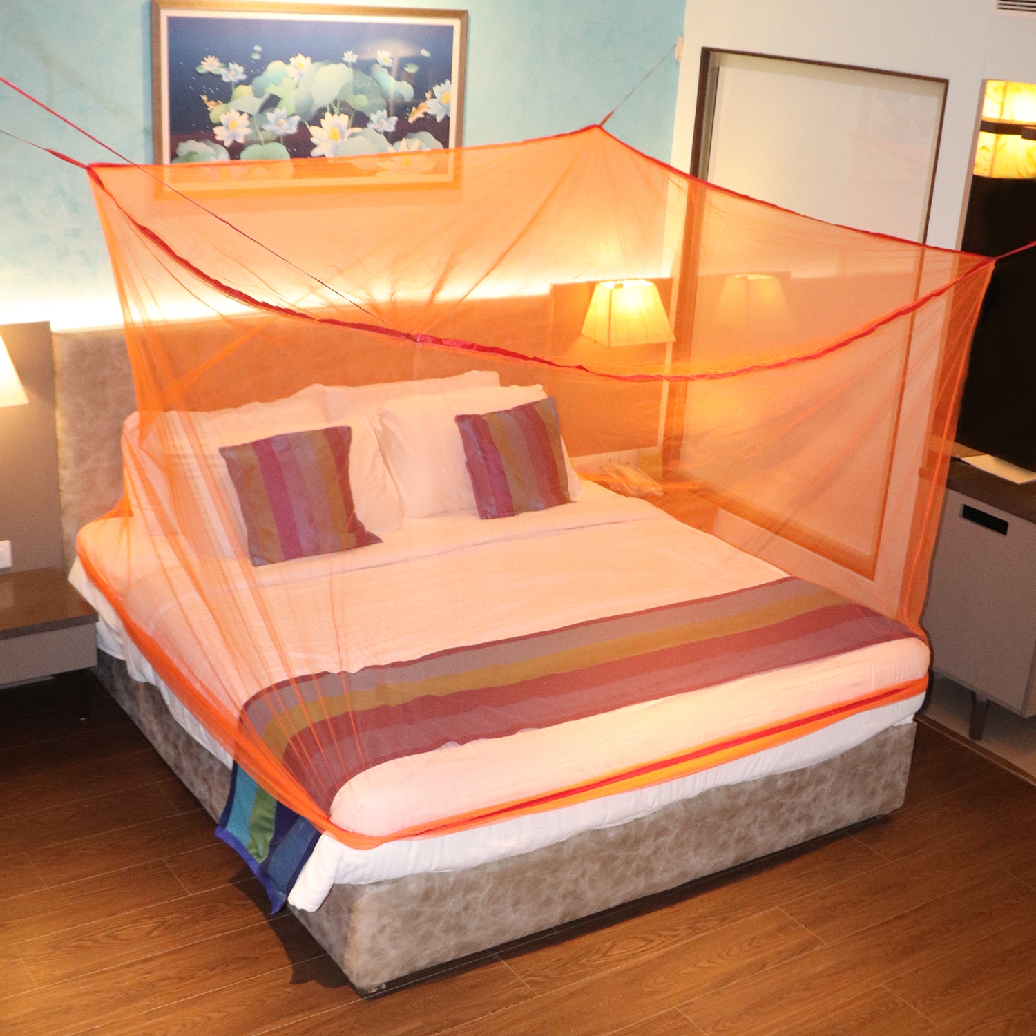 Mosquito Net for Double Bed, King-Size, Square Hanging Foldable Polyester Net Orange