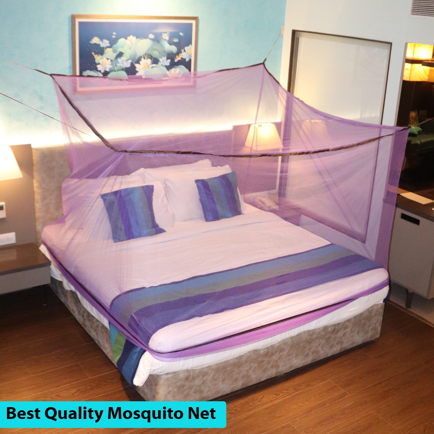 Mosquito Net for Double Bed, King-Size, Square Hanging Foldable Polyester Net Purple And Brown 