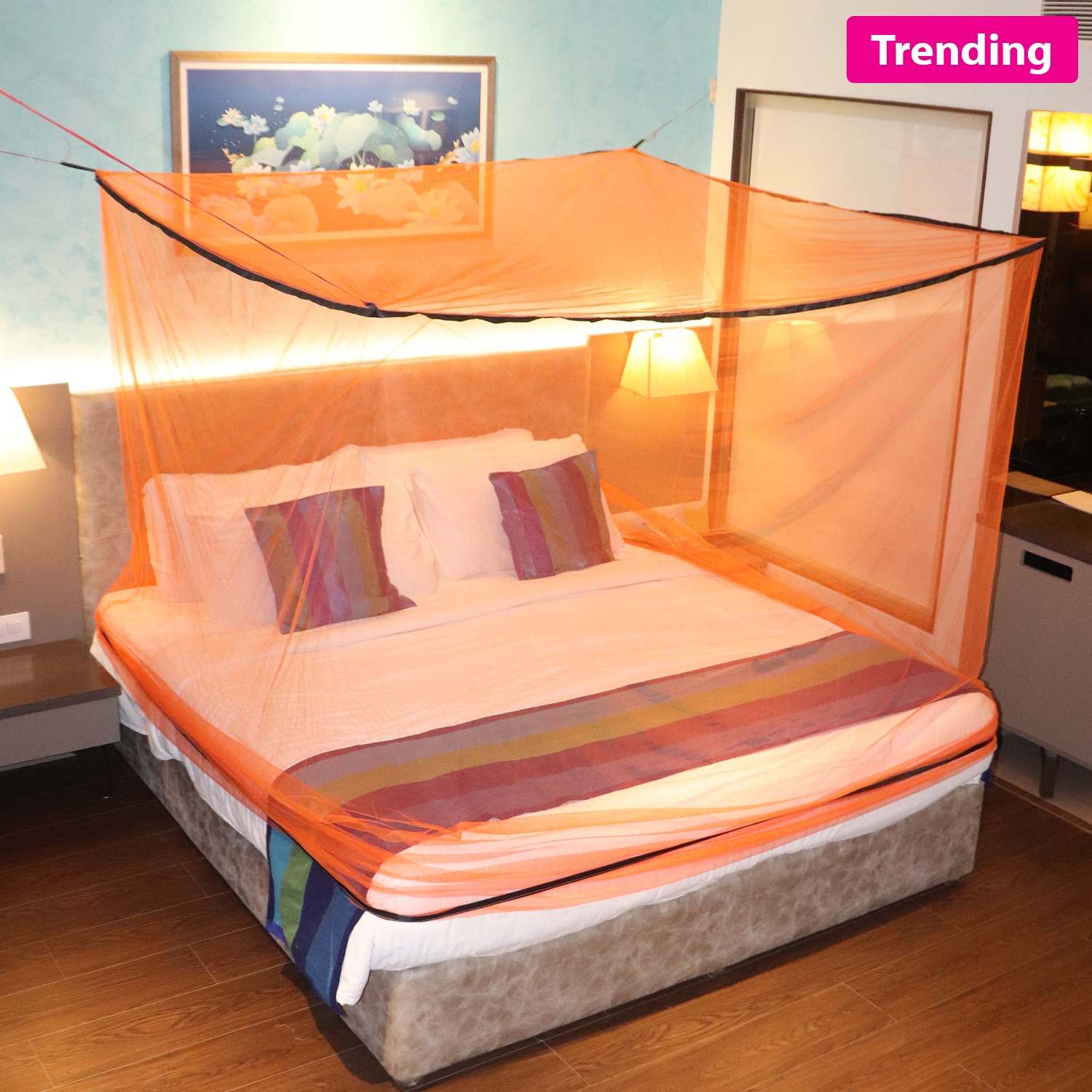 Mosquito Net for Double Bed, King-Size, Square Hanging Foldable Polyester Net Orange And Black 
