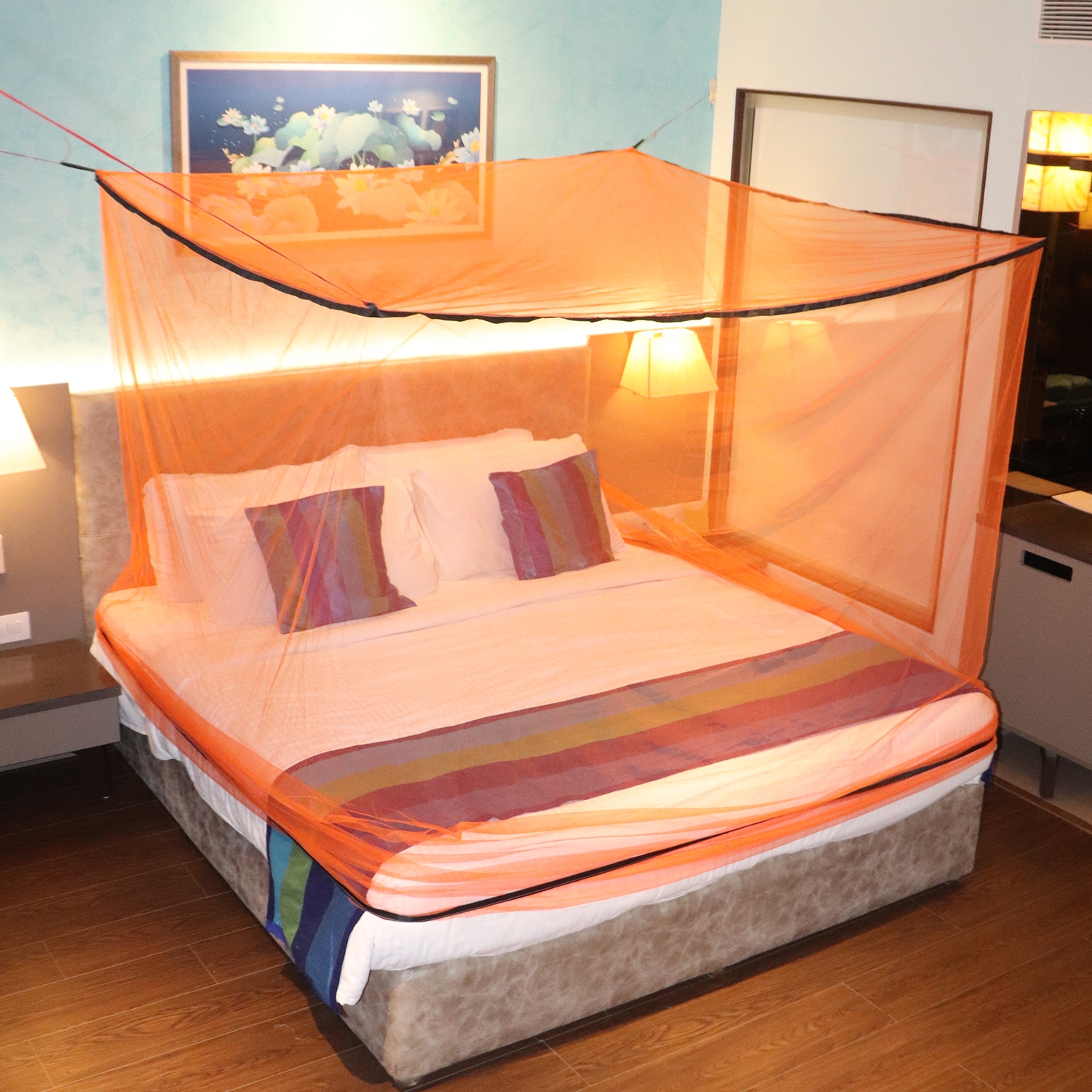 Mosquito Net for Double Bed, King-Size, Square Hanging Foldable Polyester Net Orange And Black 