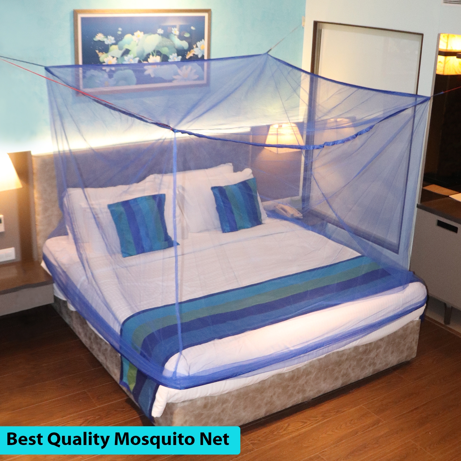Mosquito Net for Double Bed, King-Size, Square Hanging Foldable Polyester Net Blue