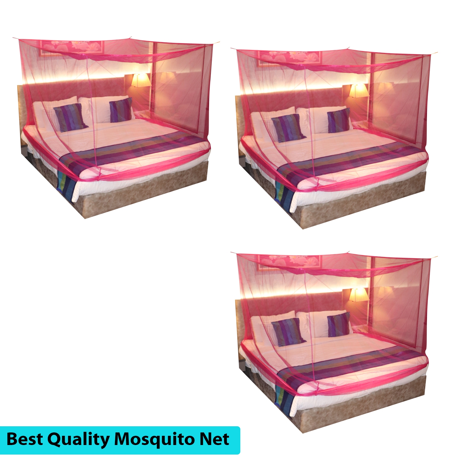 SILVER SHINE | Mosquito Net for Double Bed, King-Size, Square Hanging Foldable Polyester Net Pink Pack of 3