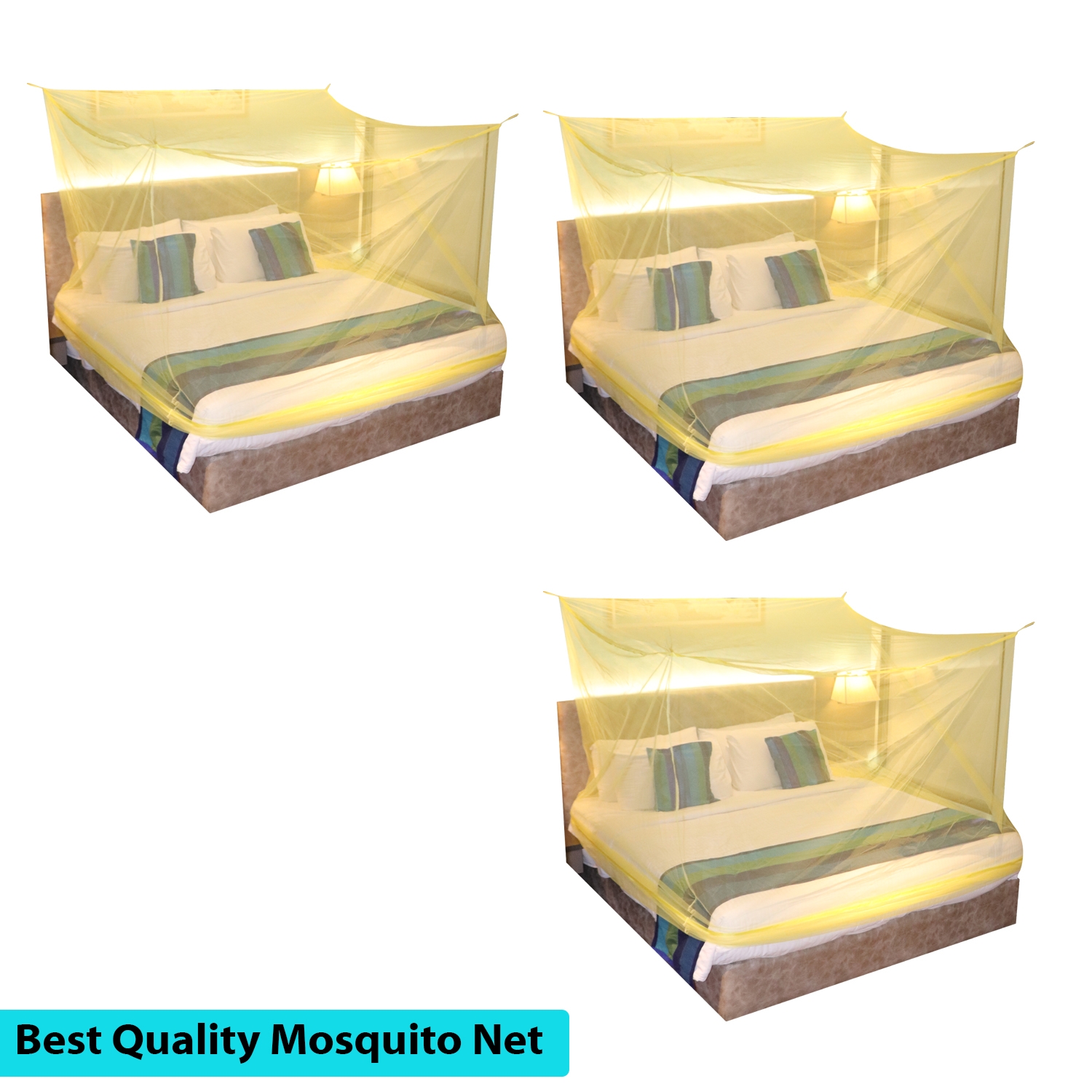 SILVER SHINE | Mosquito Net for Double Bed, King-Size, Square Hanging Foldable Polyester Net YellowPack of 3