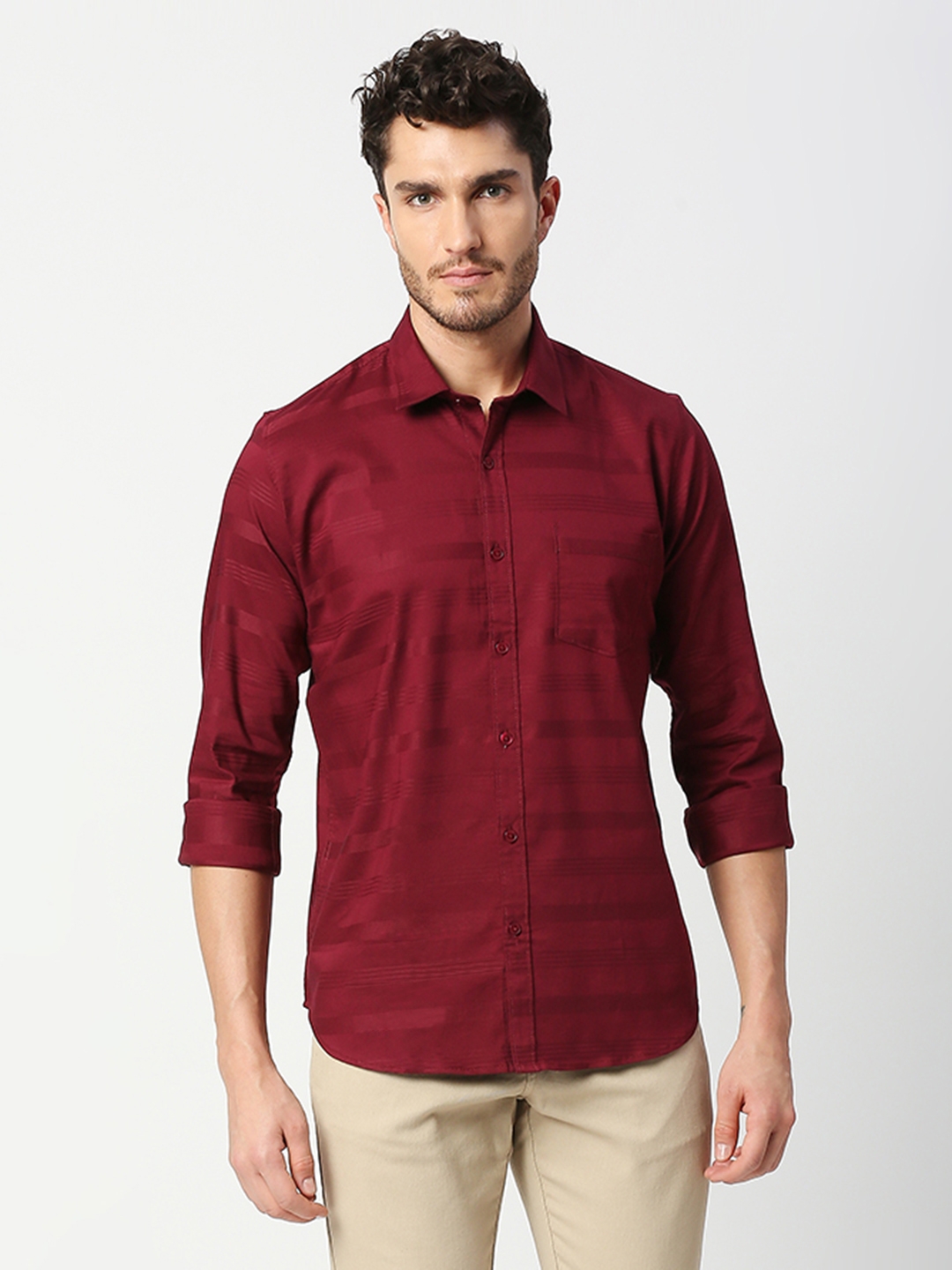 Solemio Cotton Spandex Slim Fit Striped Casual Shirt For Mens - Maroon