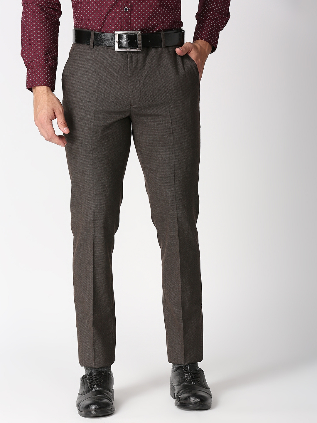 Men's Brown Polyester Checked Formal Trousers