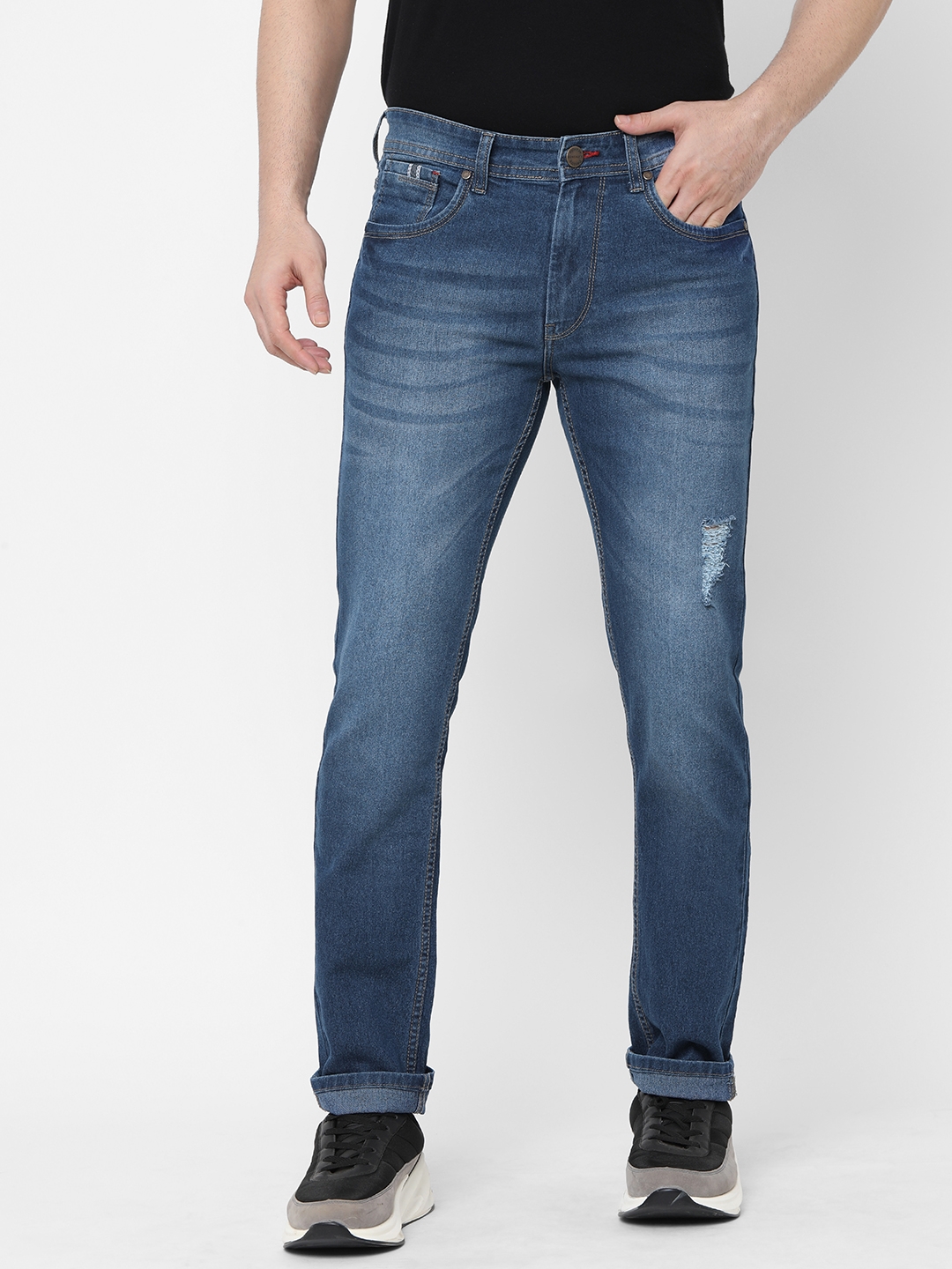 Men's Blue Cotton Ripped Jeans