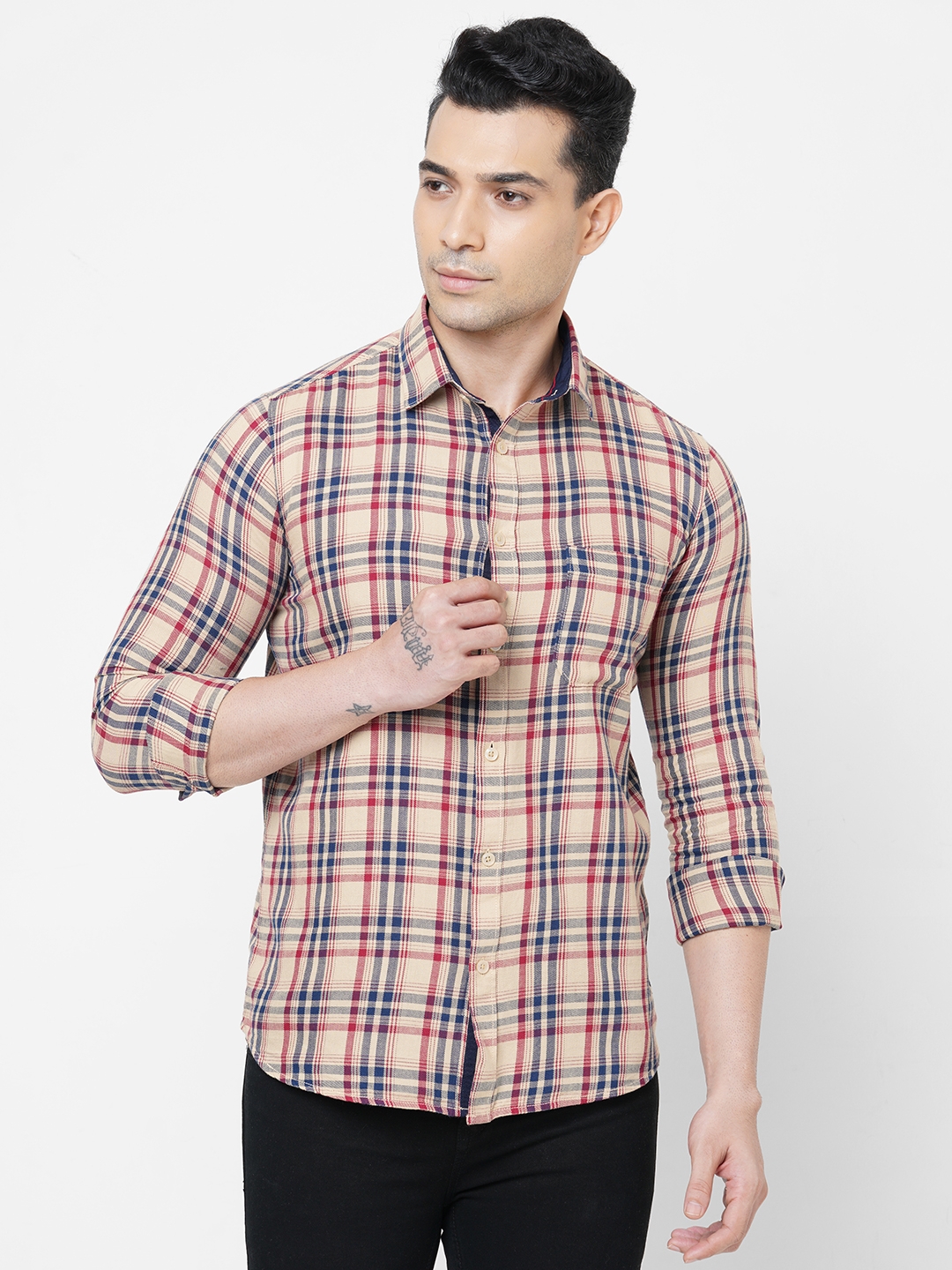 SOLEMIO | Solemio Beige Slim Fit Pure Cotton Spread Collar Checks Casual Shirt For Men