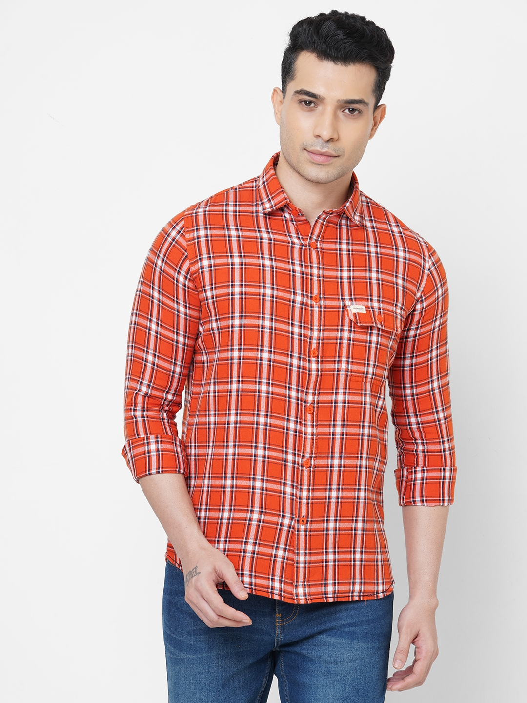 SOLEMIO | Solemio Rust Slim Fit Pure Cotton Spread Collar Checks Casual Shirt For Men