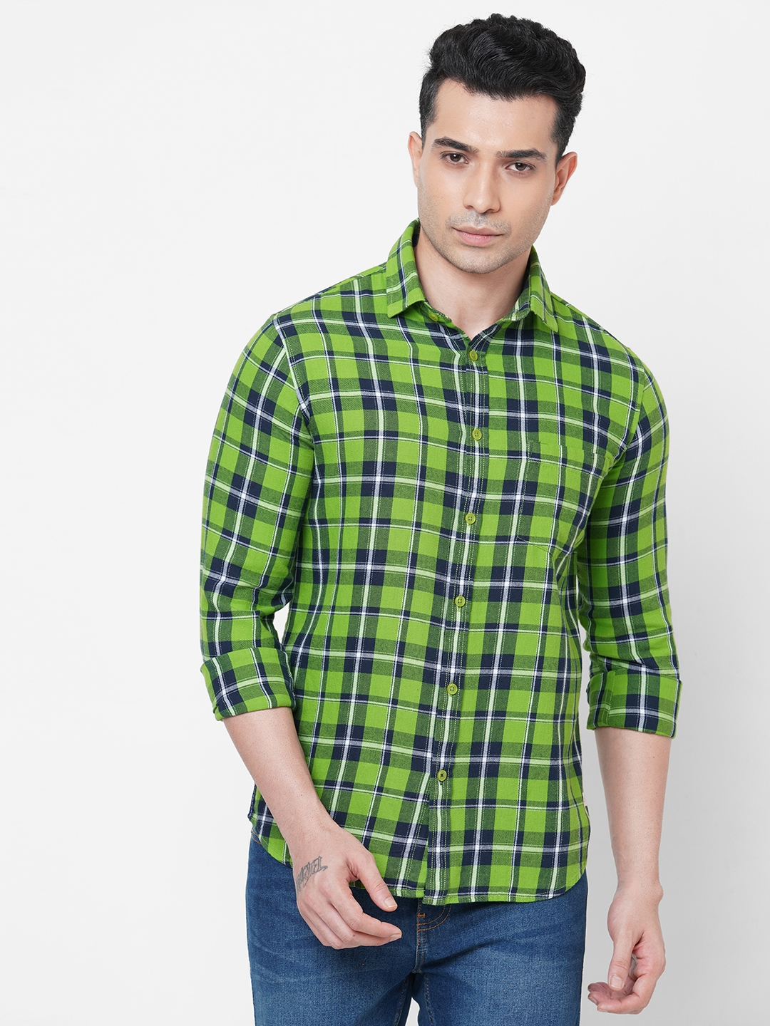 SOLEMIO | Solemio Green Slim Fit Pure Cotton Spread Collar Checks Casual Shirt For Men