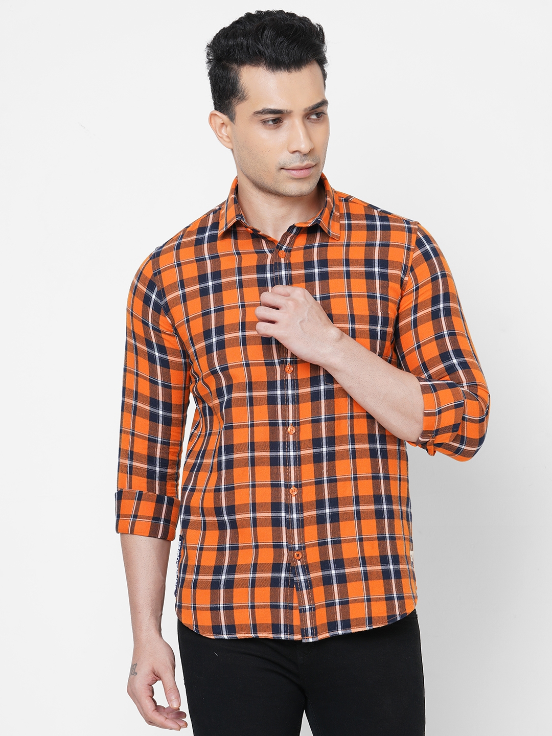 SOLEMIO | Solemio Orange Slim Fit Pure Cotton Spread Collar Checks Casual Shirt For Men