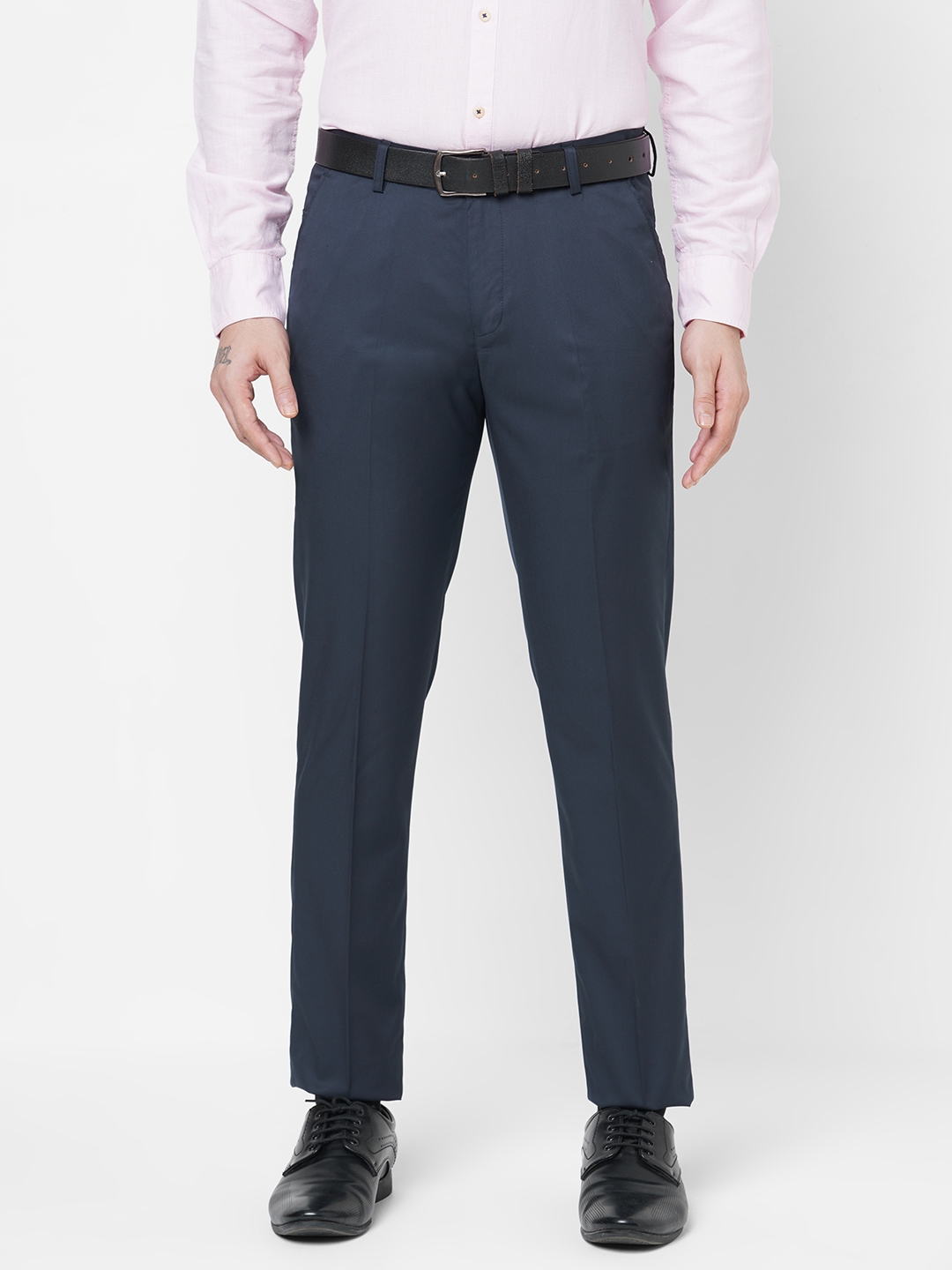 Men's Blue Polyester Solid Flat Front Formal Trousers