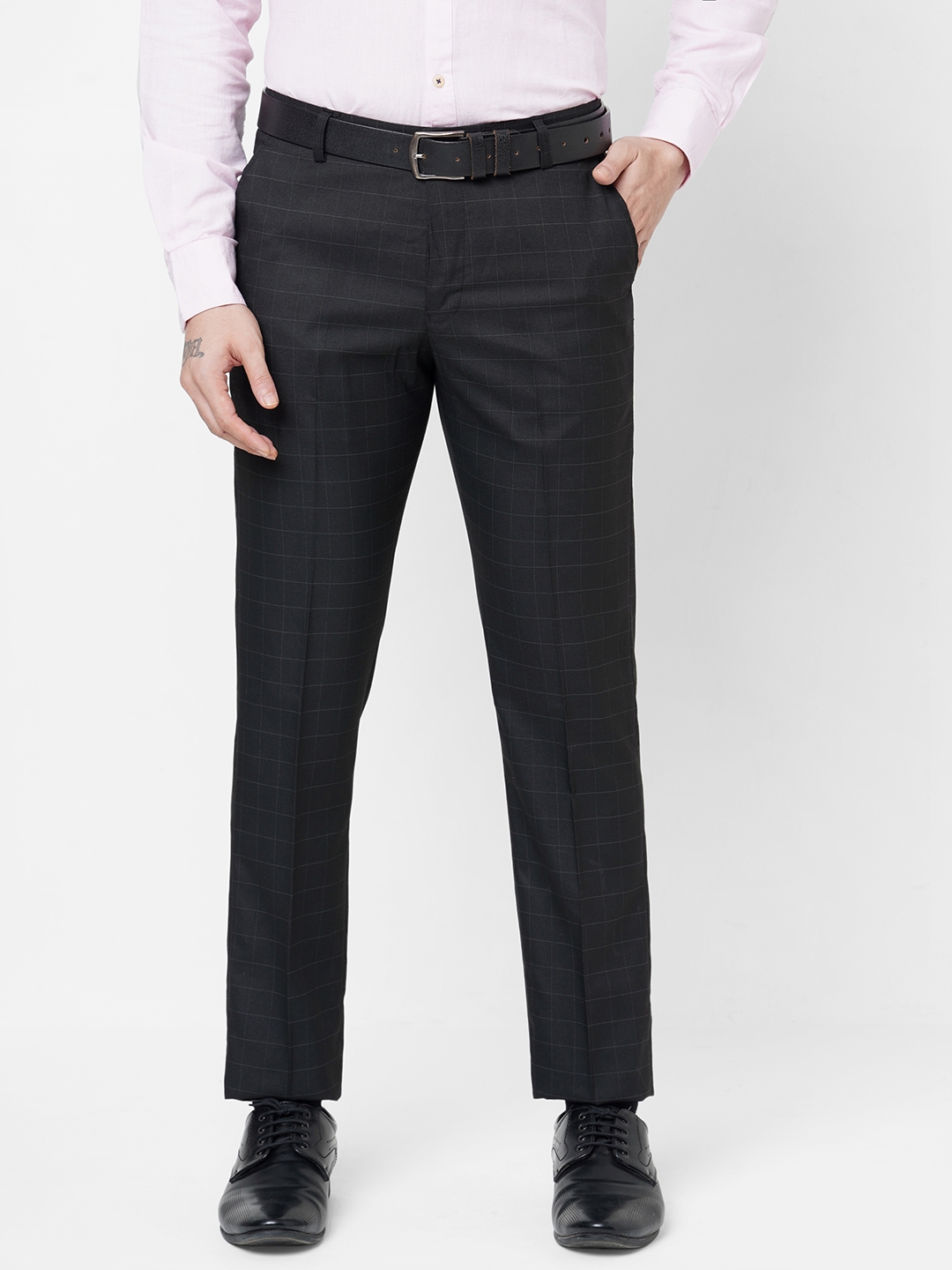 Men's Black Polyester Checked Flat Front Formal Trousers
