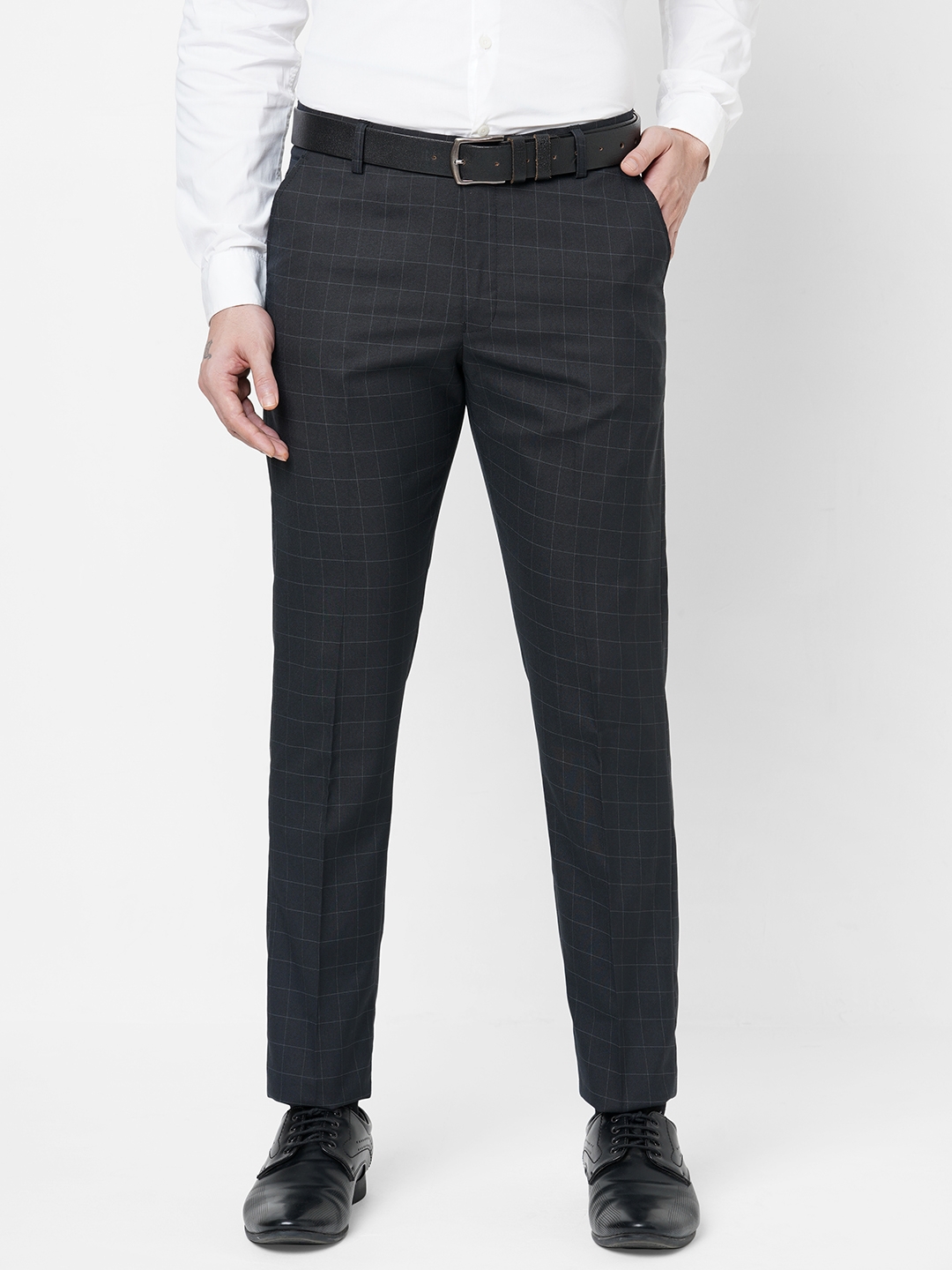 Men's Blue Polyester Checked Flat Front Formal Trousers