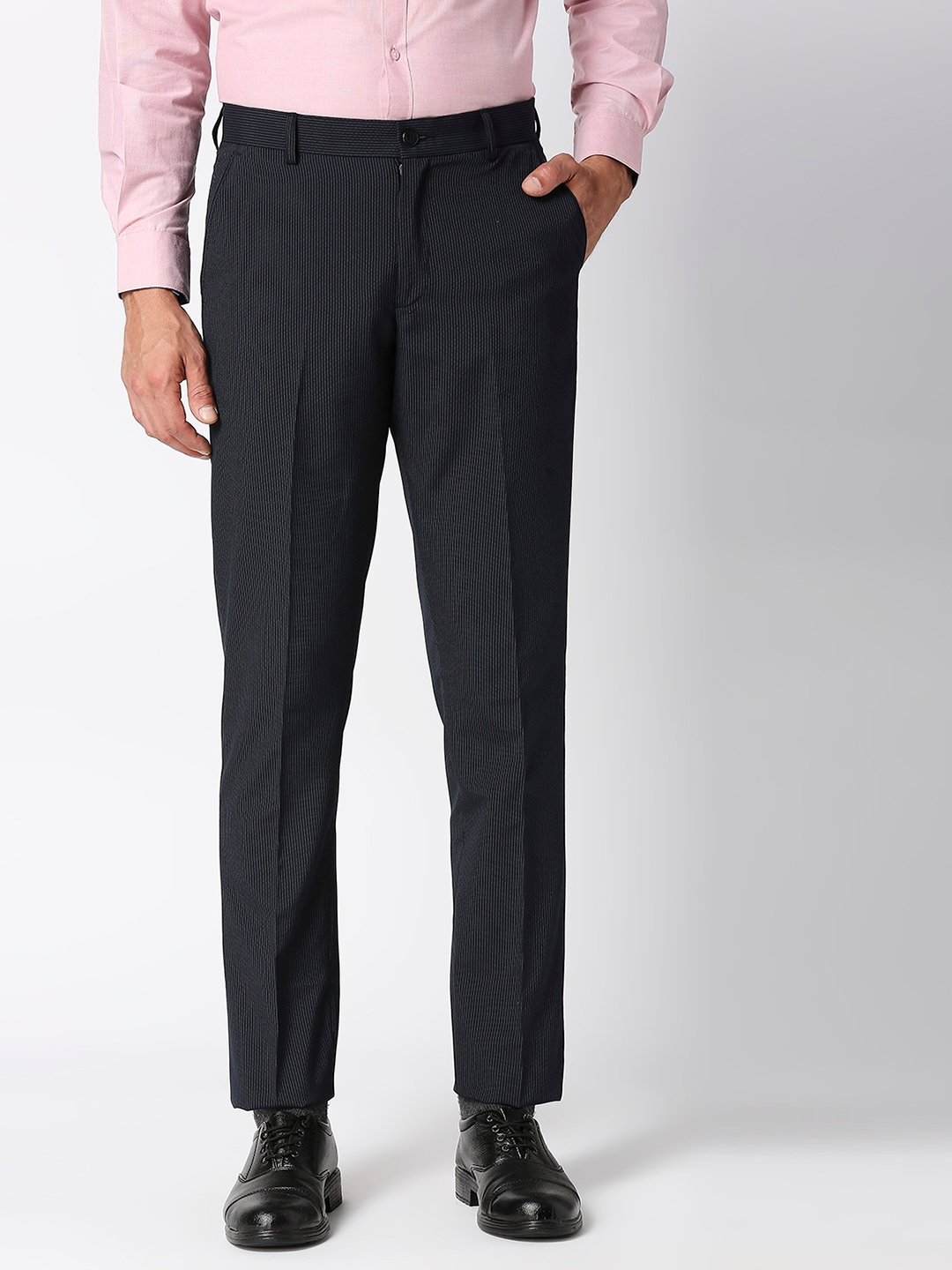 Men's Black Polyester Striped Formal Trousers