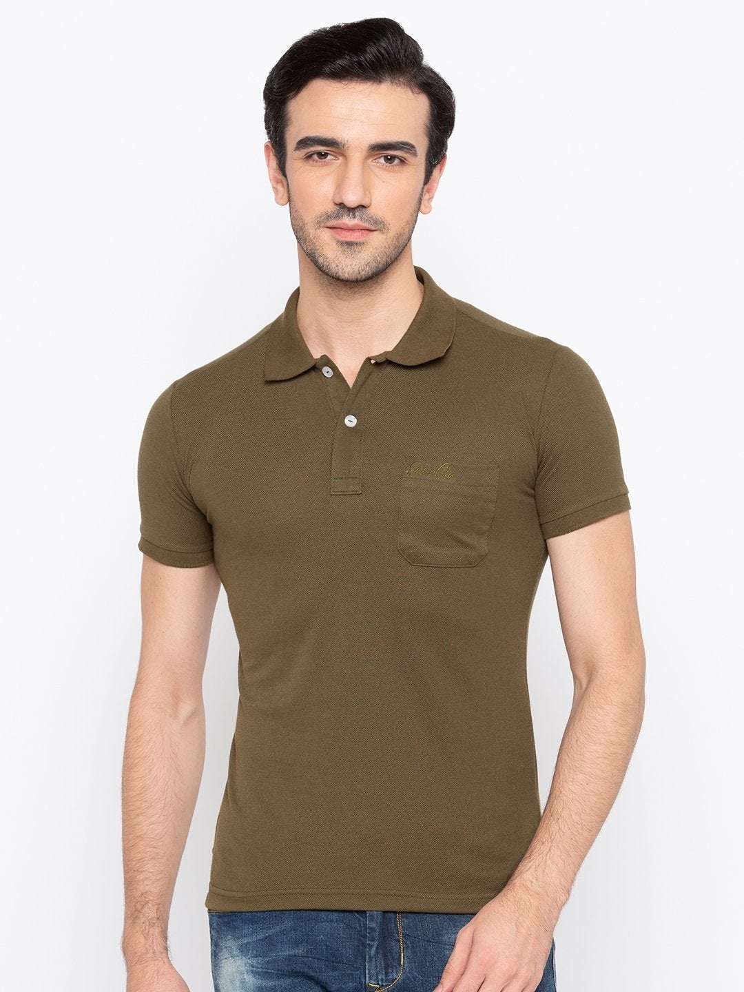 Status Quo | Mehndi Green Solid Regular Fit Pocket Polo T-Shirt