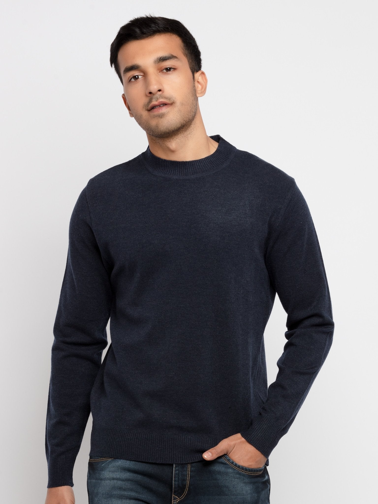 Men's Blue Acrylic Solid Sweaters