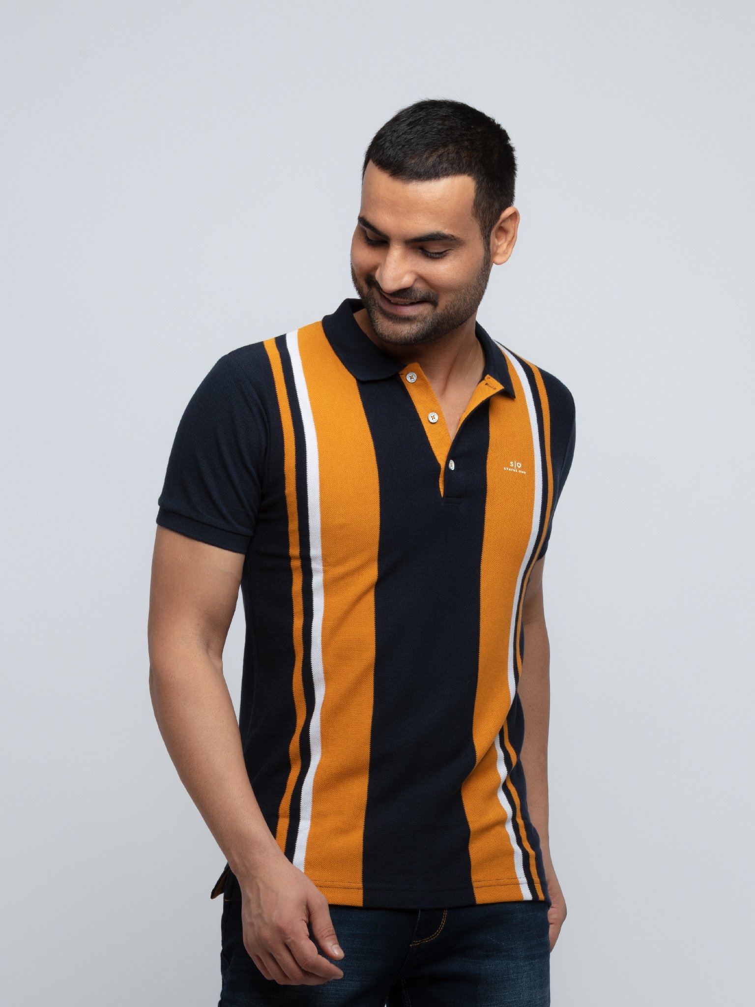 Status Quo | Navy Striped Regular Fit Polo T-Shirt