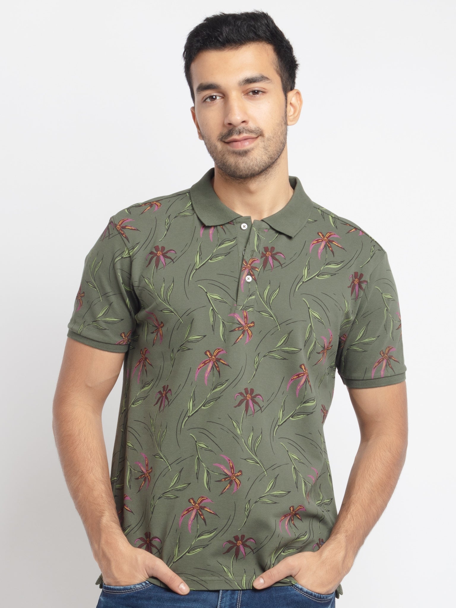 Status Quo | Men'S Polo Collar Floral Olive Color Tshirts