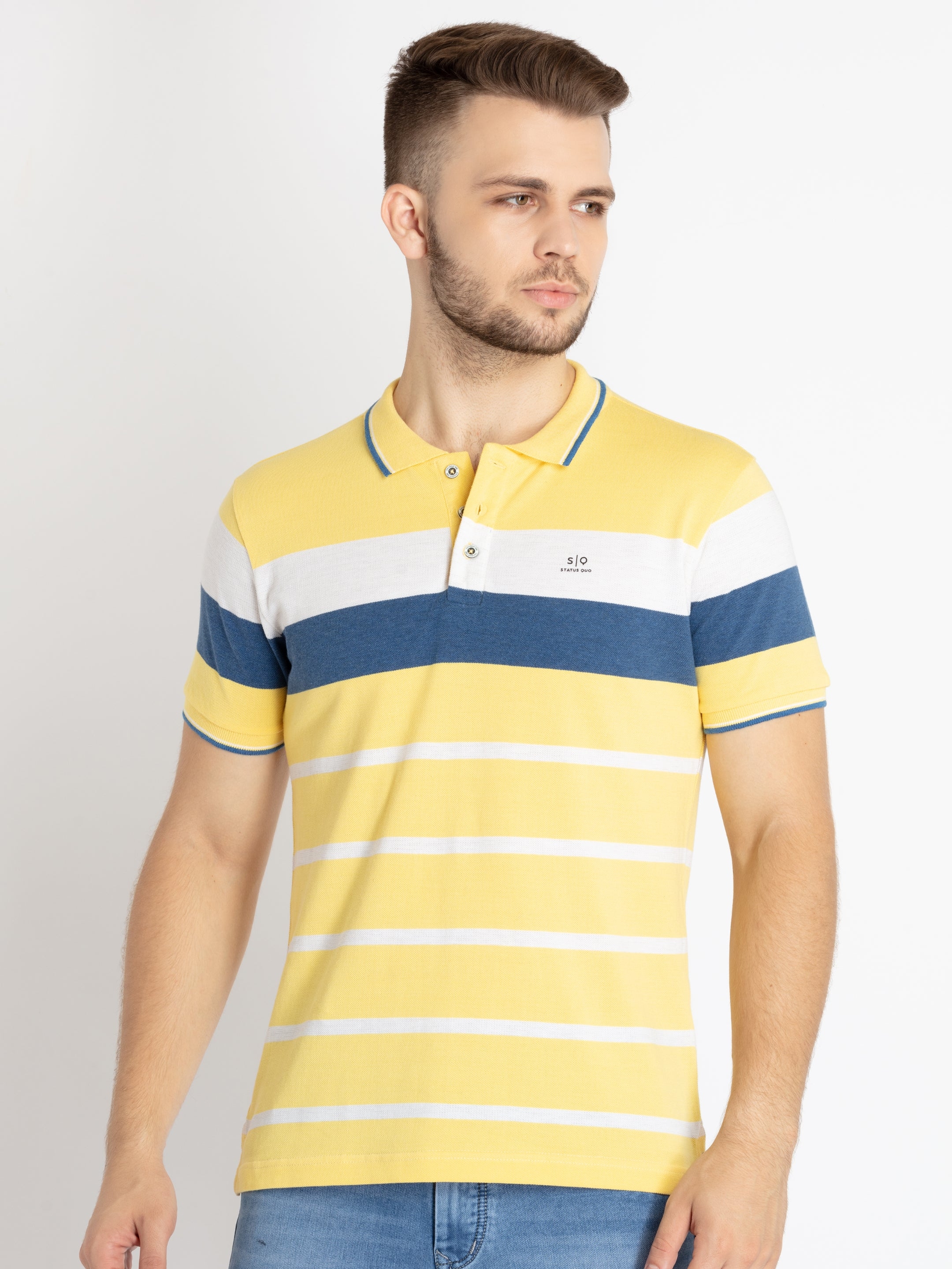 Status Quo | Men's Yellow Cotton Striped Polo T-Shirts