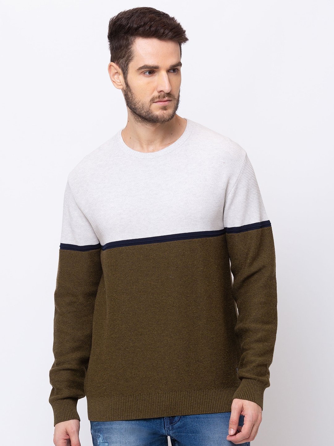 Status Quo | Ecru and Olive Colourblock Sweater