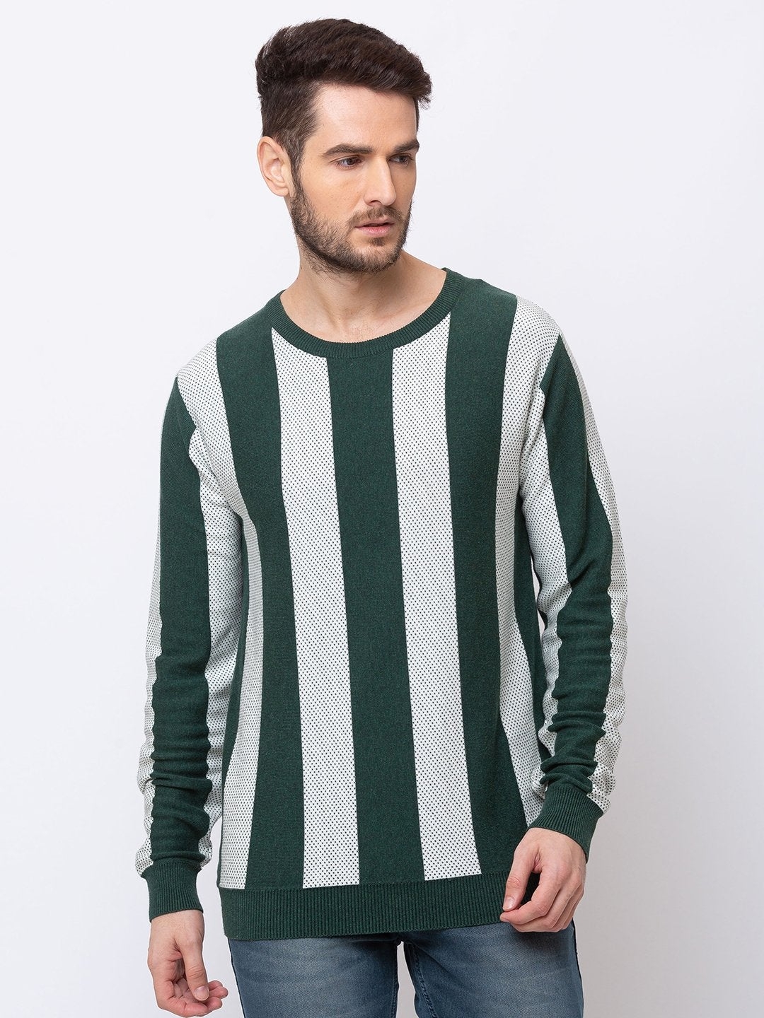 Green Cotton Striped Sweaters