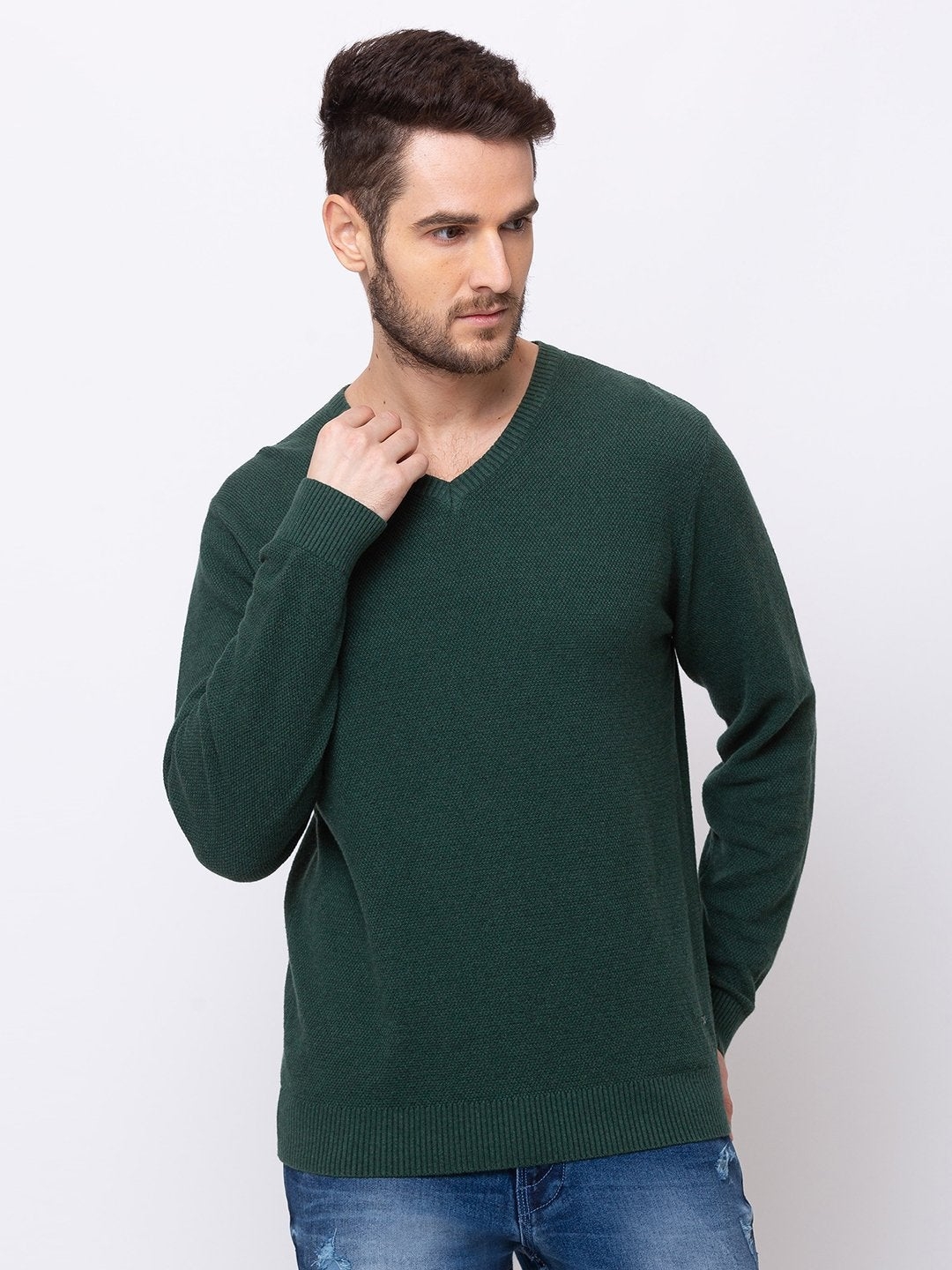 Status Quo | Green V-Neck Solid Sweater
