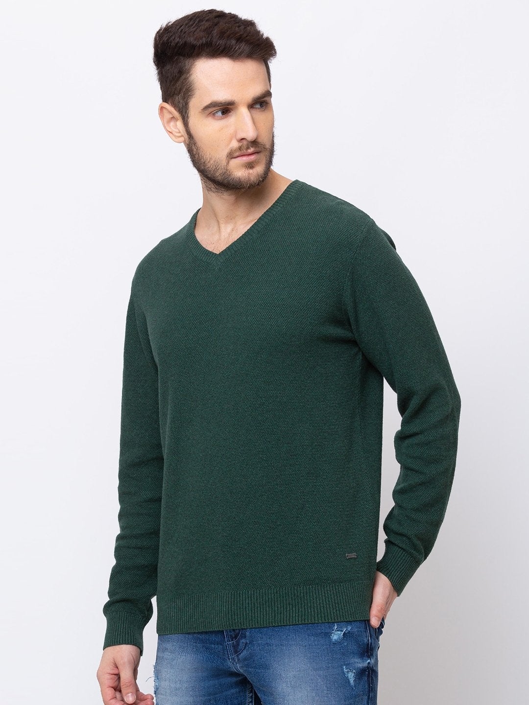 Green Cotton Solid Sweaters