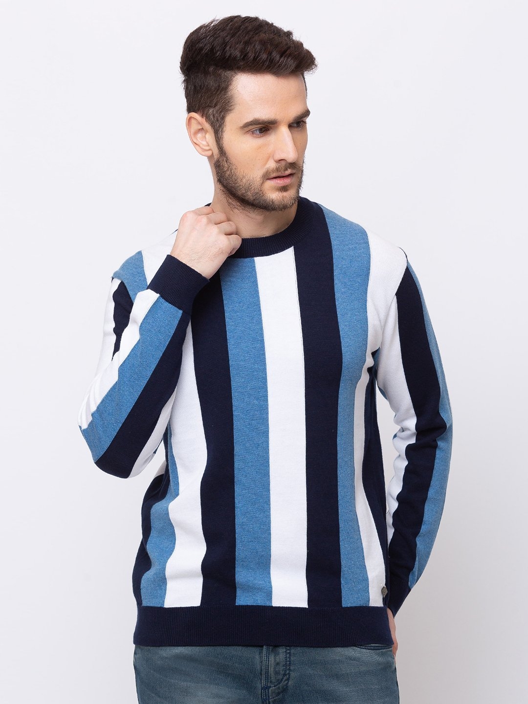 Blue Cotton Striped Sweaters