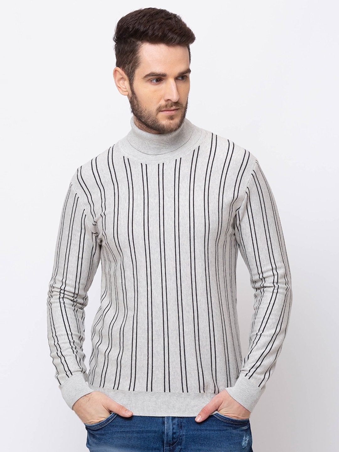 Grey Cotton Striped Sweaters
