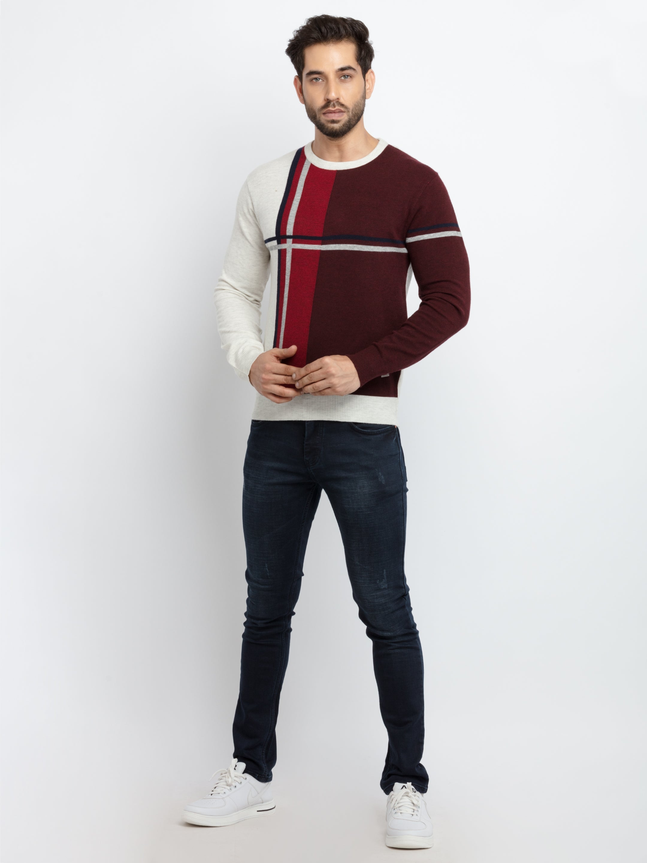 Men's Red Acrylic Colourblock Sweaters