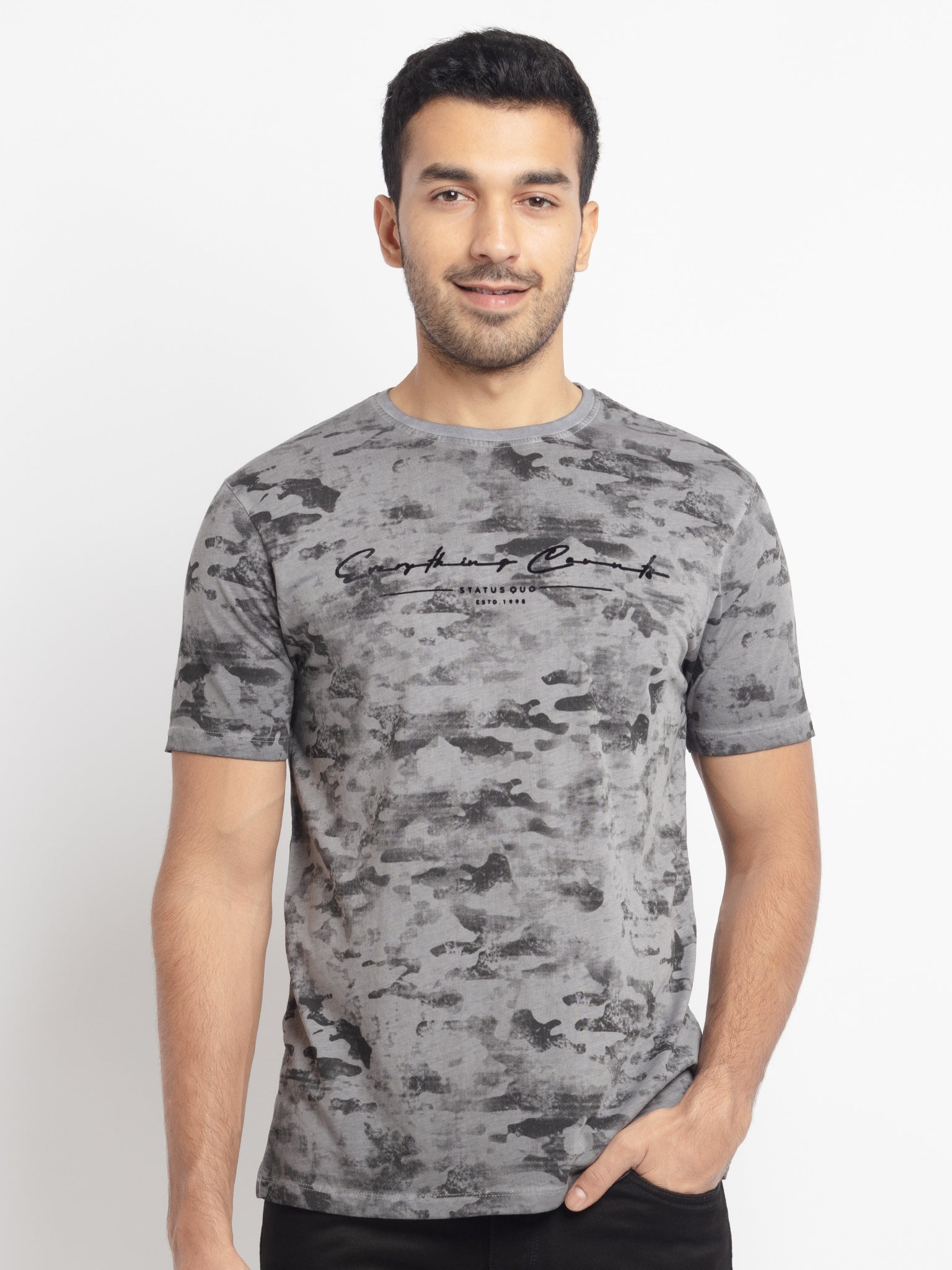 Status Quo | Men'S Round Neck Solid Charcoal Color Tshirts