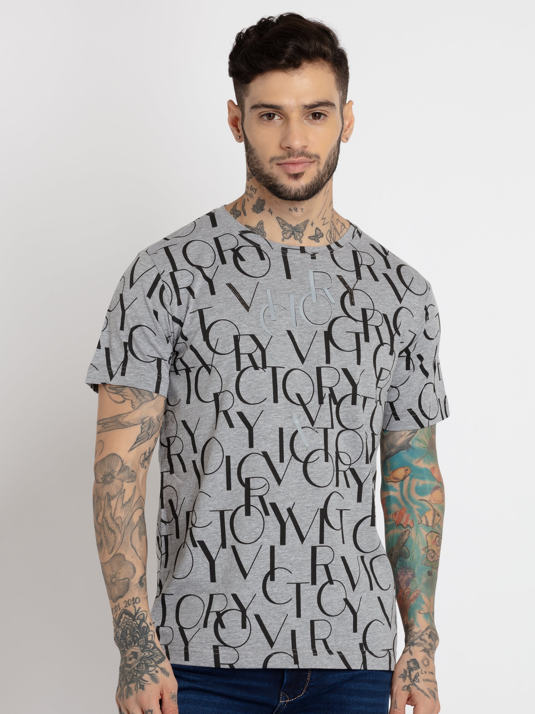 Status Quo | Men's Grey Cotton Typographic Printed Regular T-Shirt