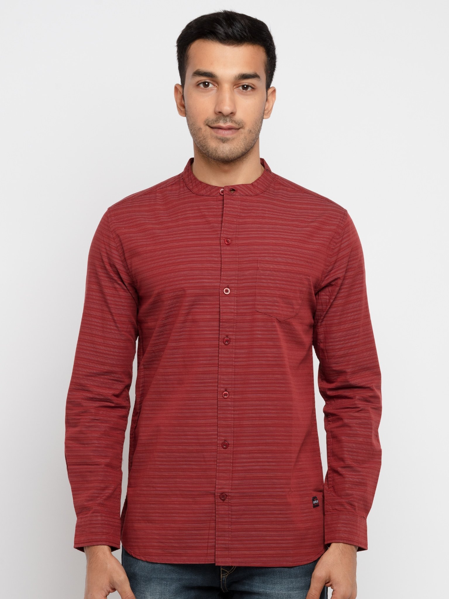 Red Cotton Striped Mandarin Collar Casual Shirts