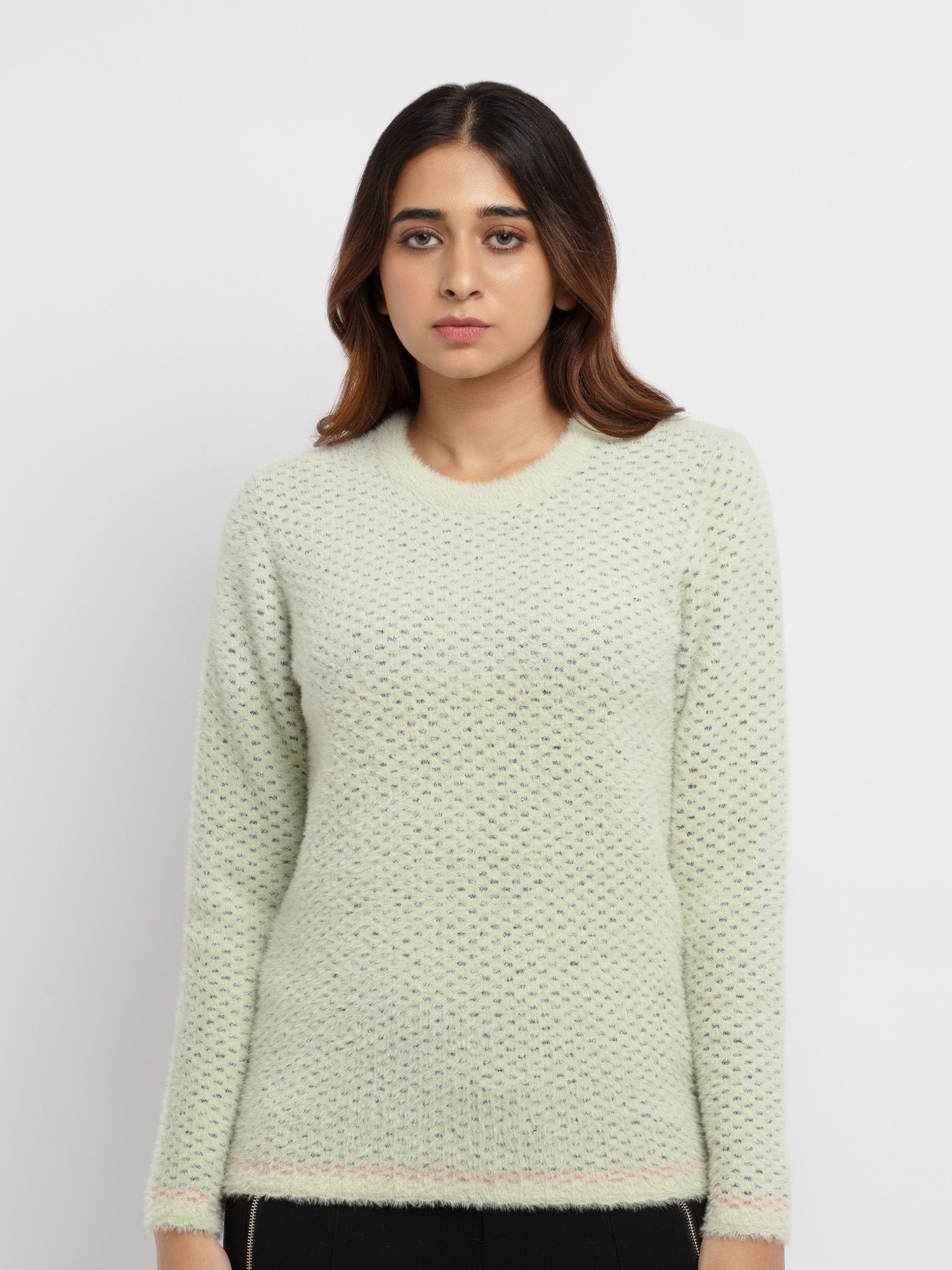 Status Quo | Women's Green Solid Jacquard Sweater