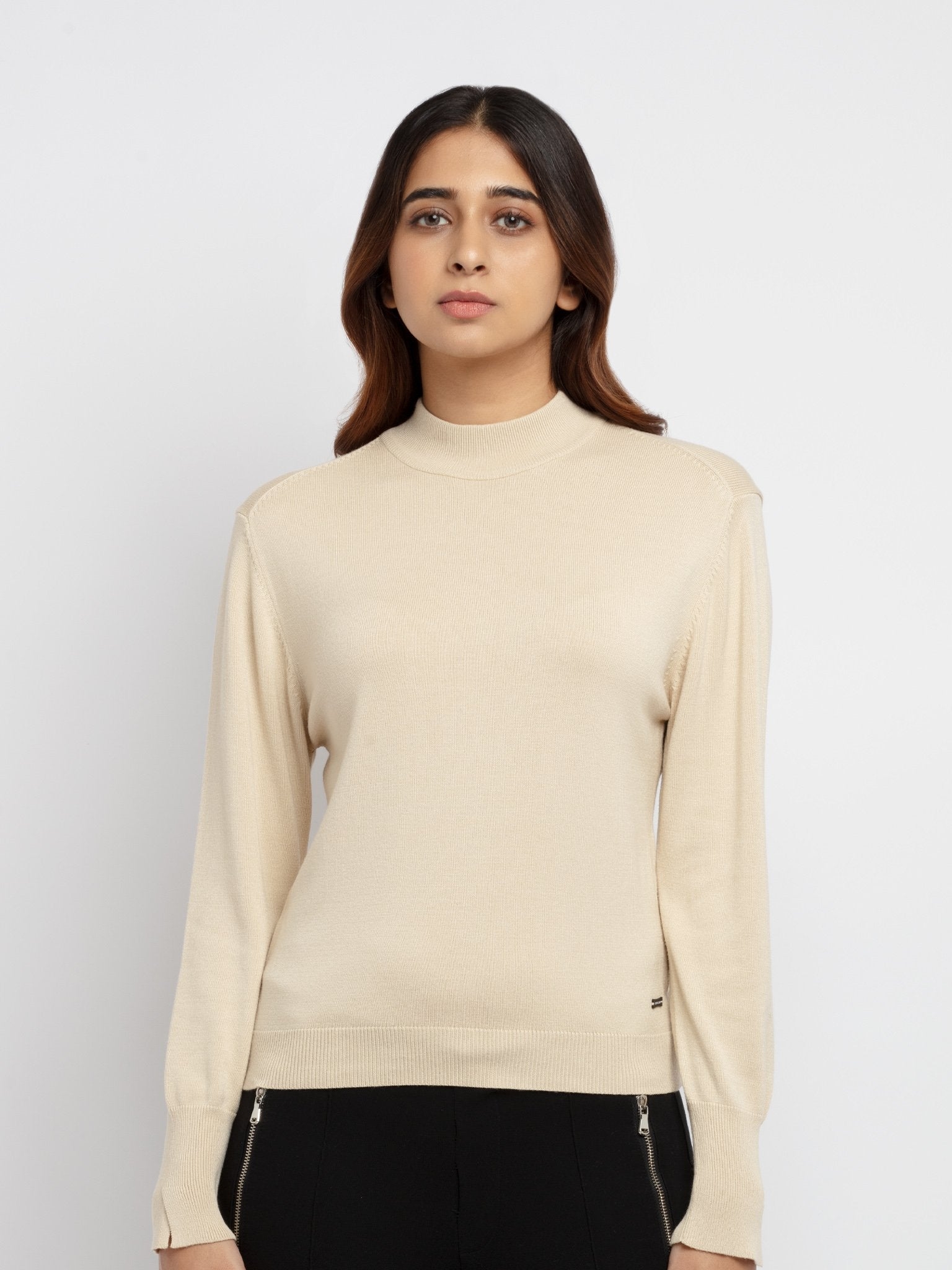 Women's Beige Viscose Solid Sweaters