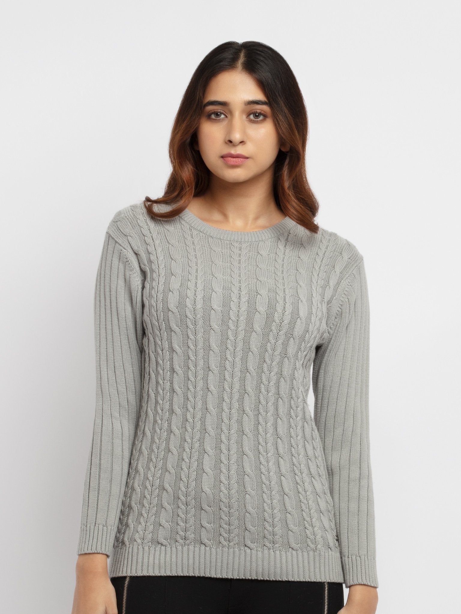 Status Quo | Women's Grey Textured Cable Knit Sweater