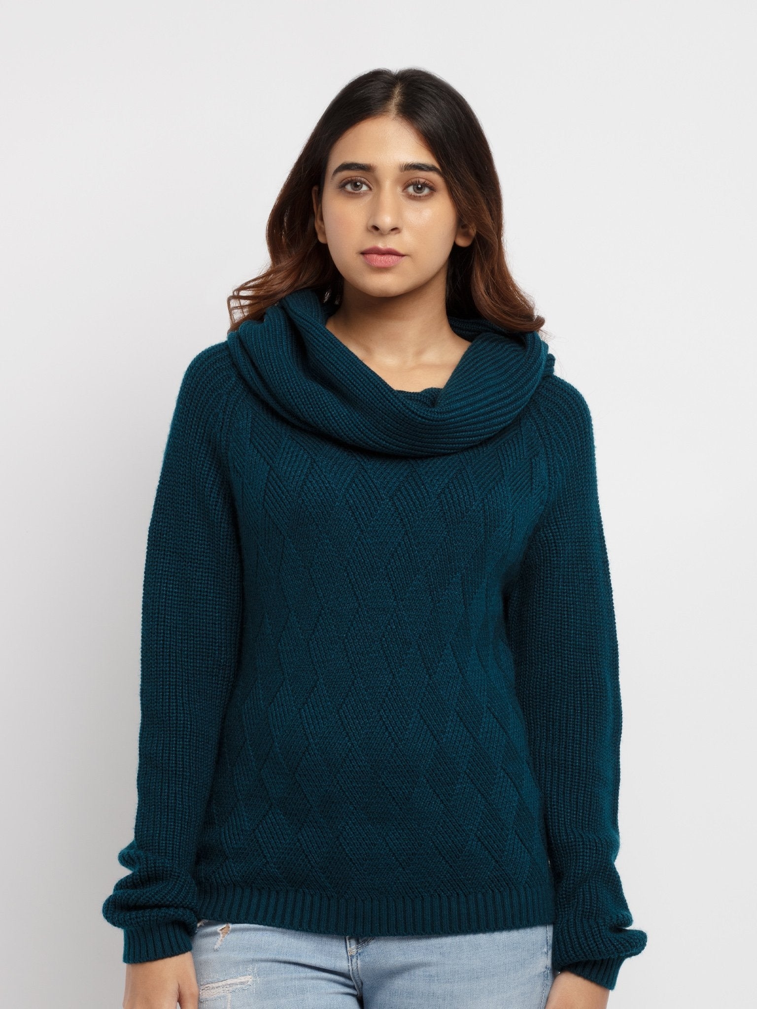 Status Quo | Women's Teal Textured Cowl Neck Sweater