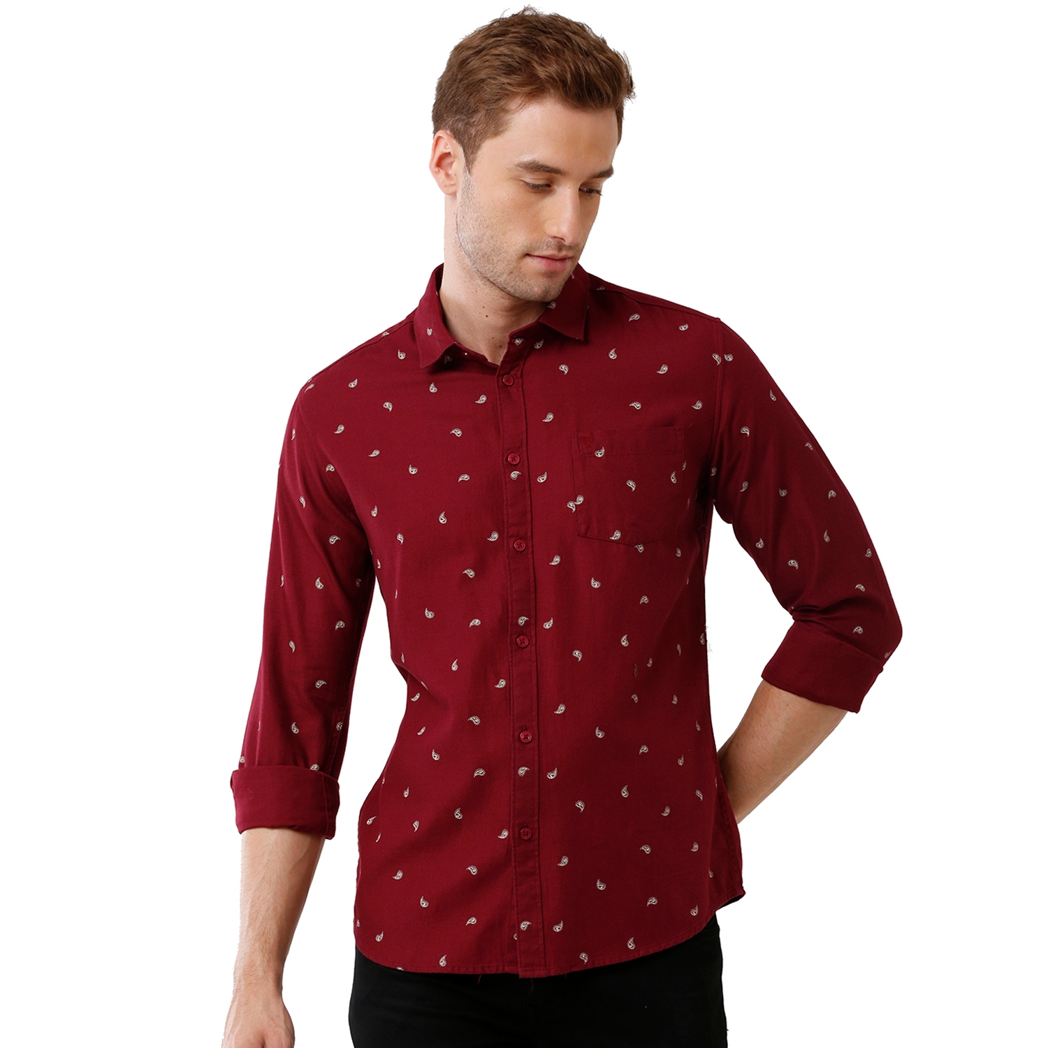 Swiss club | Swiss Club Mens 100% Cotton Printed Full Sleeve Slim Fit Polo Neck Red Color Woven Shirt (S-SC-123 A-FS-PRT-BSL)