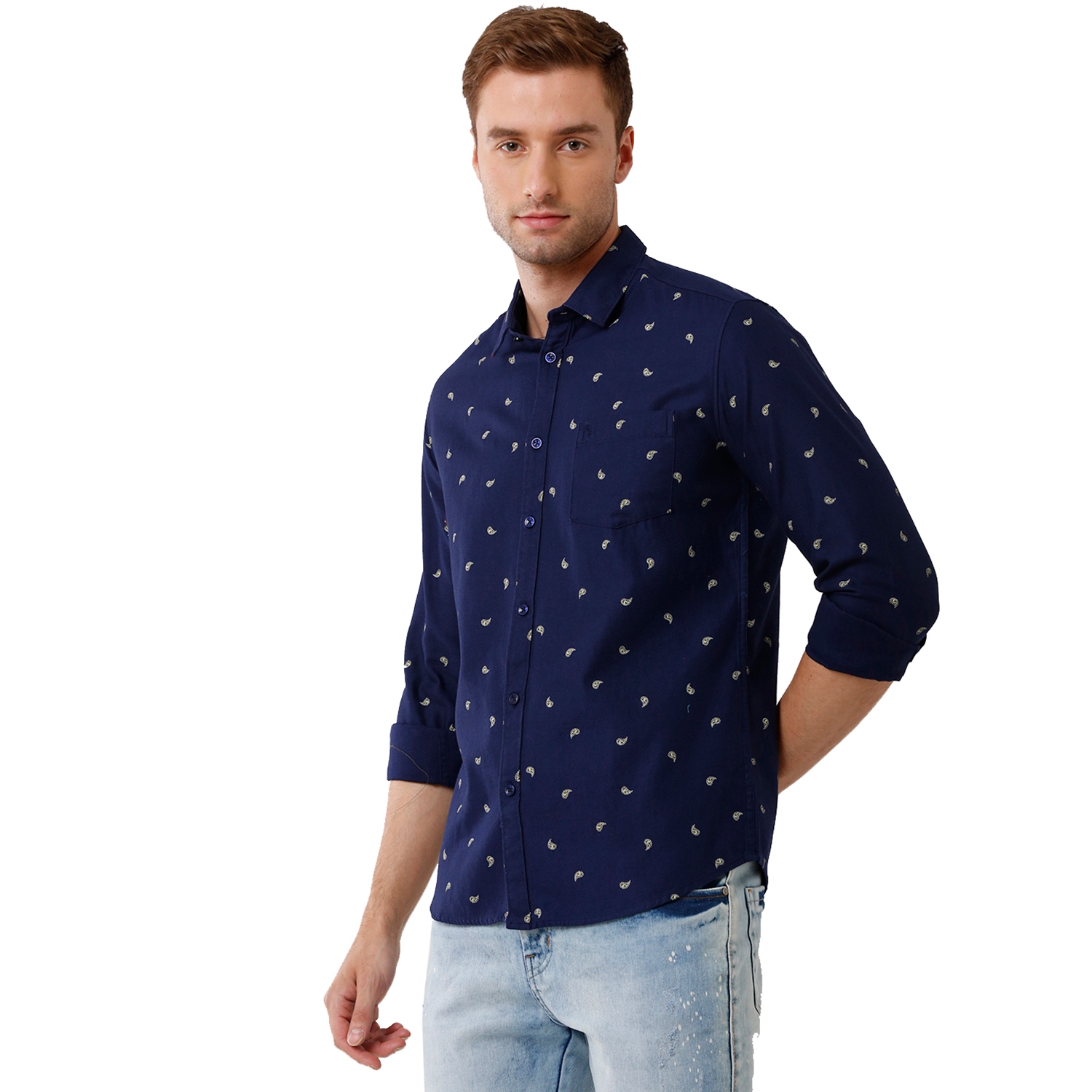 Swiss club | Swiss Club Mens 100% Cotton Printed Full Sleeve Slim Fit Polo Neck Blue Color Woven Shirt (S-SC-123 B-FS-PRT-BSL)
