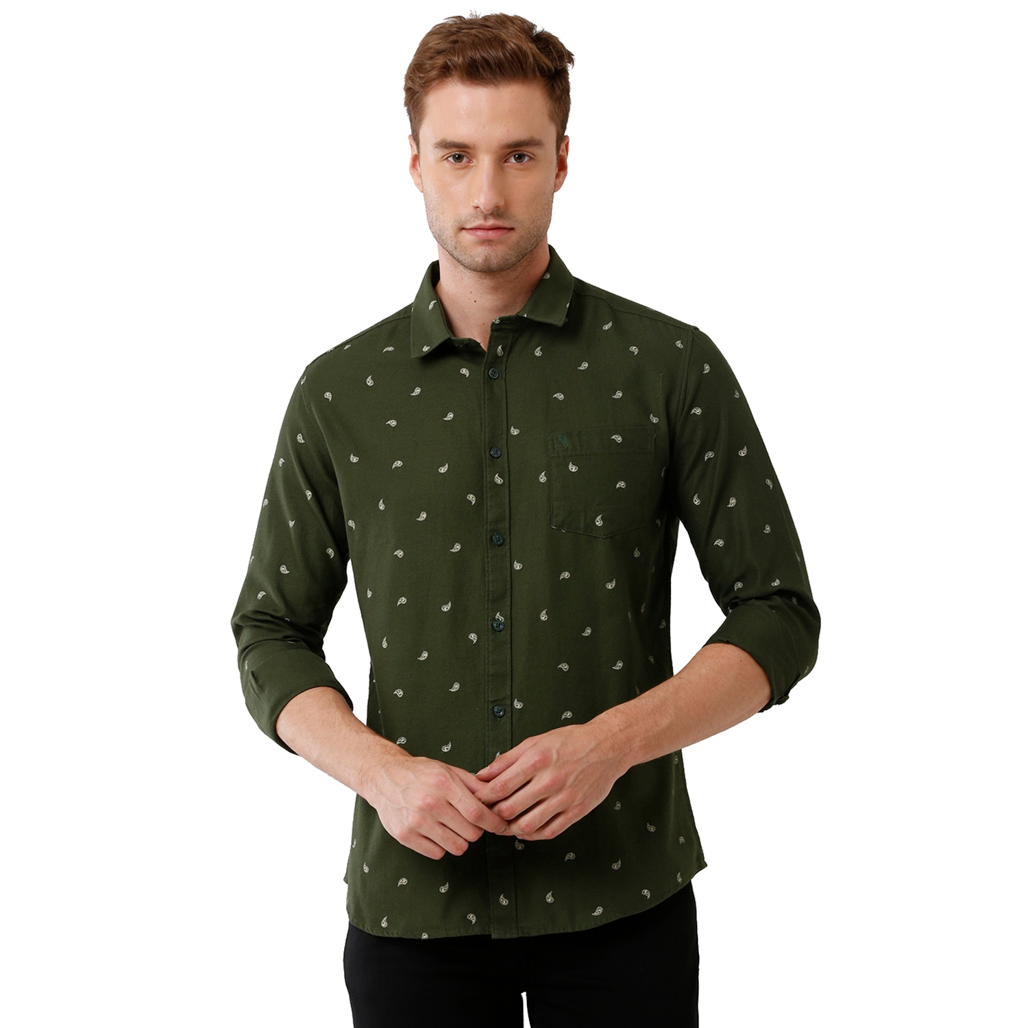 Swiss club | Swiss Club Mens 100% Cotton Printed Full Sleeve Slim Fit Polo Neck Green Color Woven Shirt (S-SC-123 C-FS-PRT-BSL)