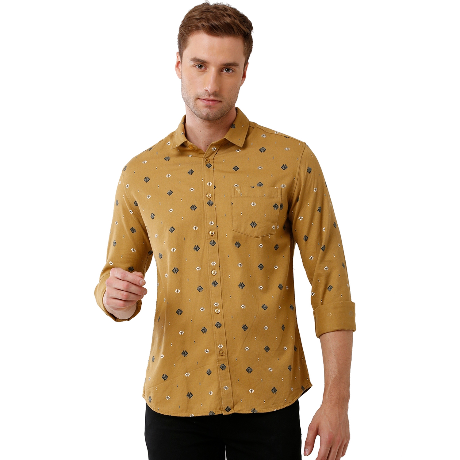 Swiss club | Swiss Club Mens 100% Cotton Printed Full Sleeve Slim Fit Polo Neck Yellow Color Woven Shirt (S-SC-124 A-FS-PRT-BSL)