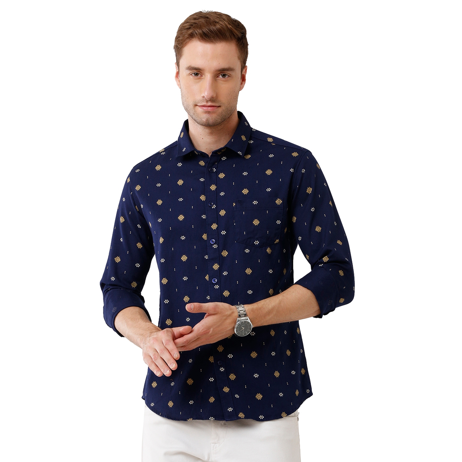 Swiss club | Swiss Club Mens 100% Cotton Printed Full Sleeve Slim Fit Polo Neck Blue Color Woven Shirt (S-SC-124 B-FS-PRT-BSL)
