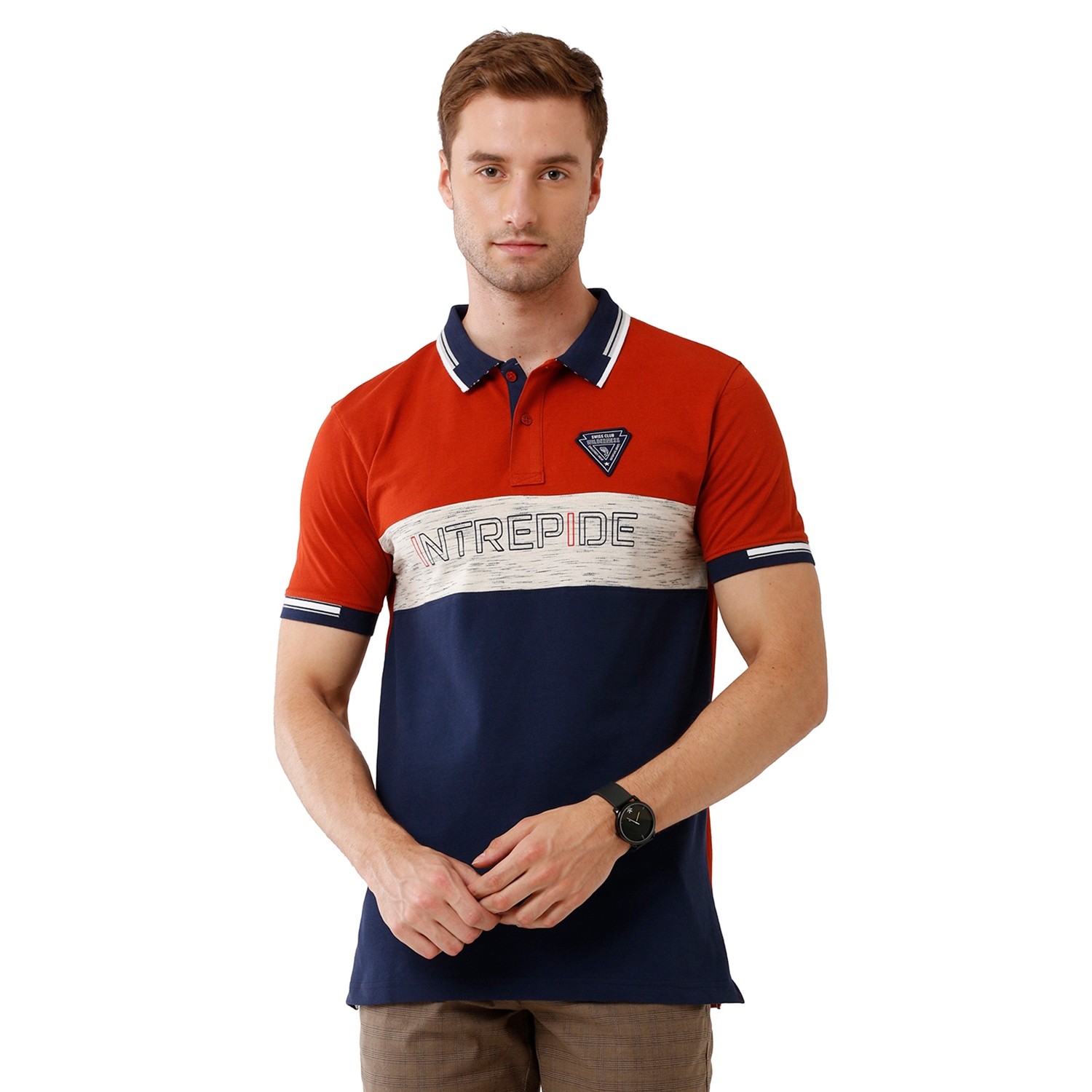 Swiss club | Swiss Club Mens 100% Cotton Color Block Half Sleeve Slim Fit Polo Neck Multicolor T-Shirt (STAG - 202 A SF P)