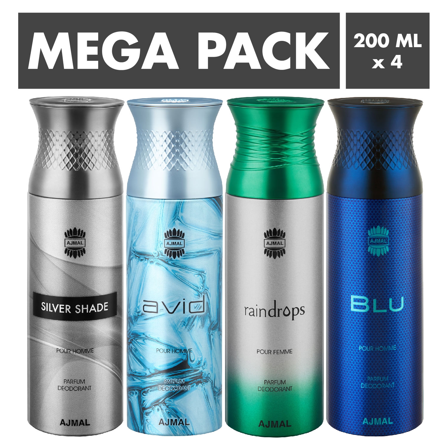 Ajmal | Ajmal Silver Shade & Avid & Raindrops & Blu Deodorant Spray- For Men (200 ml, Pack of 4)