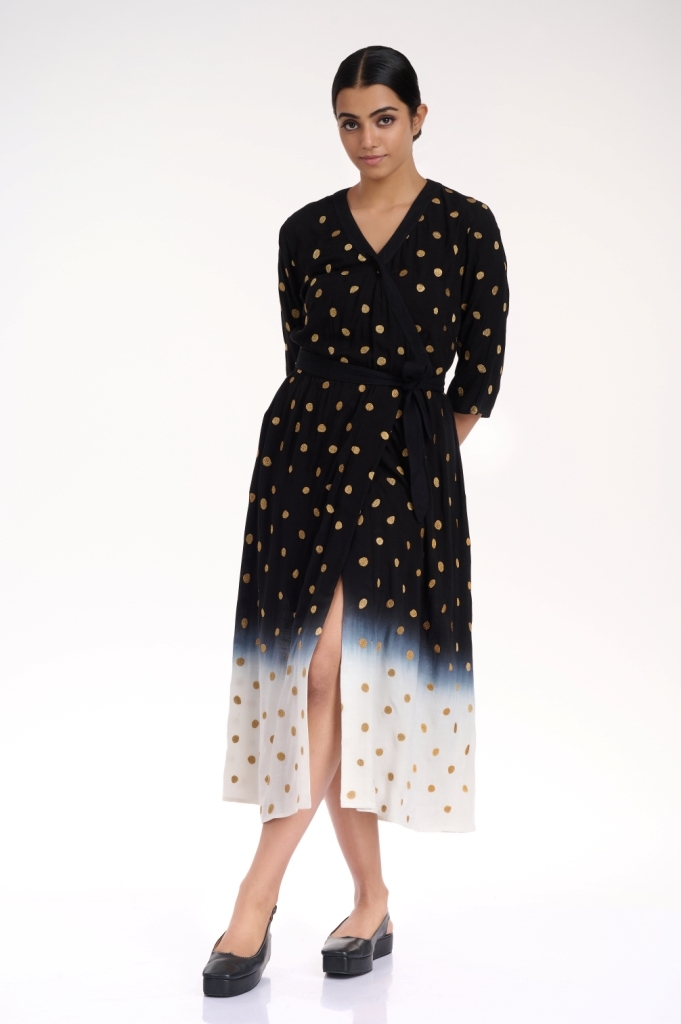 ABRAHAM AND THAKORE | Ombre Animal Gold Dot Wrap Dress