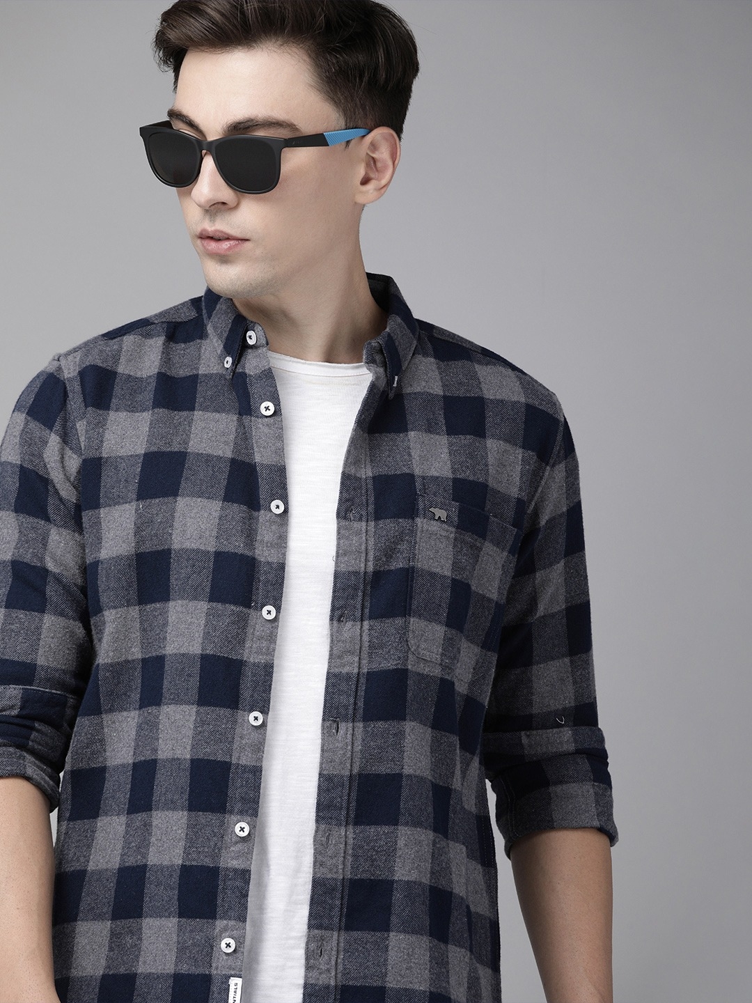 The Bear House | Men's Blue Checked Flannel Slim Fit Casual Shirt