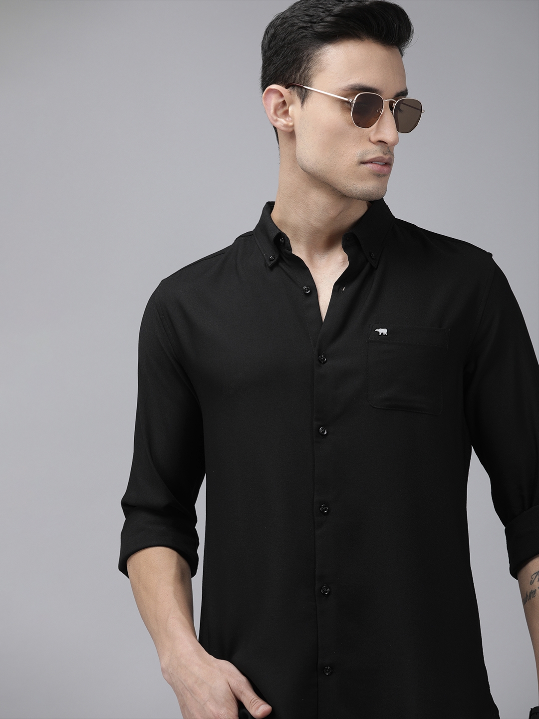 The Bear House | The Bear House Men Black Slim Fit Solid Rayon Lycra Casual Shirt