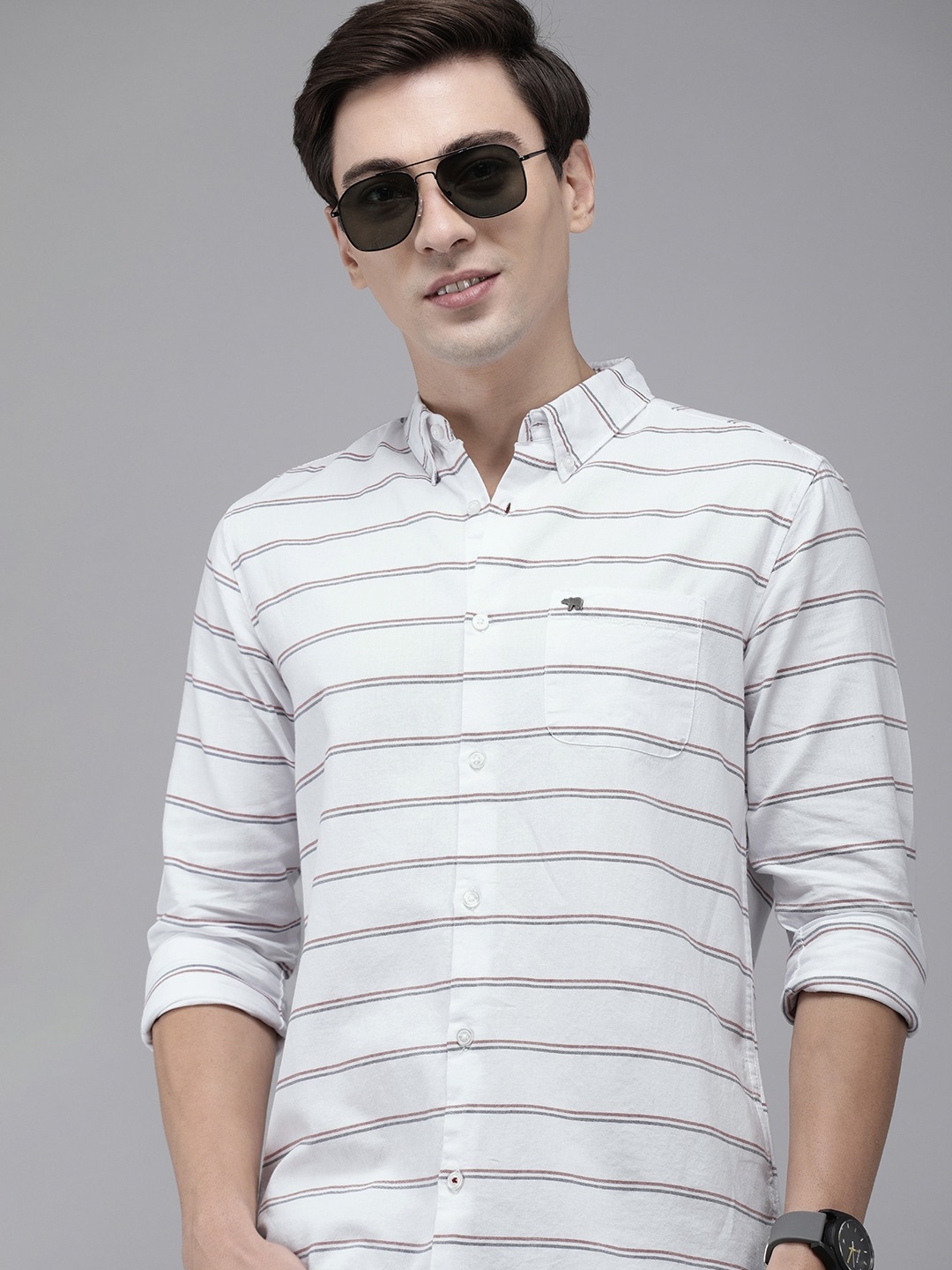 The Bear House | Men White Striped Pure Cotton Slim Fit Casual Shirt